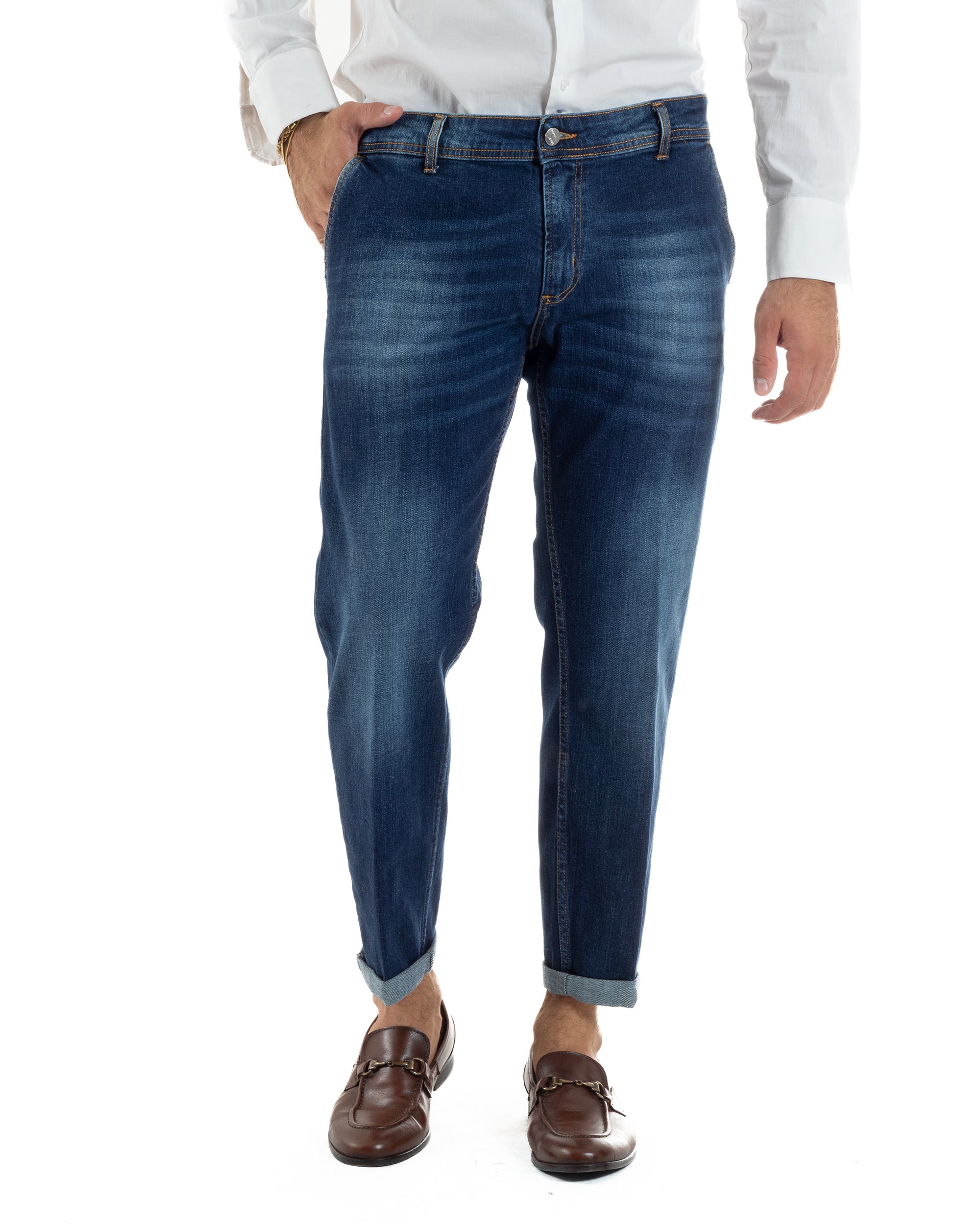 Jeans Uomo Slim Fit Denim Scuro Tasche America BlackSunday JS1154A