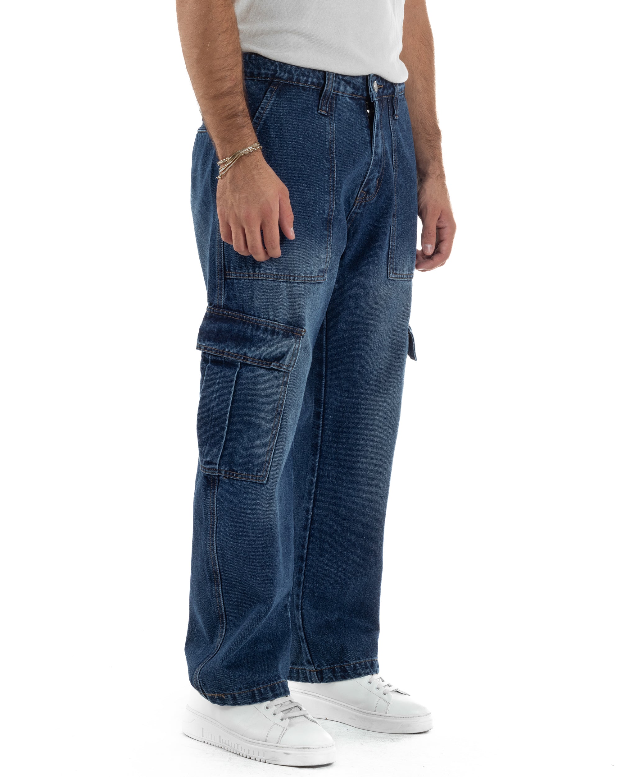 Jeans Uomo Pantaloni Cargo Denim Scuro Baggy Fit JS1155A