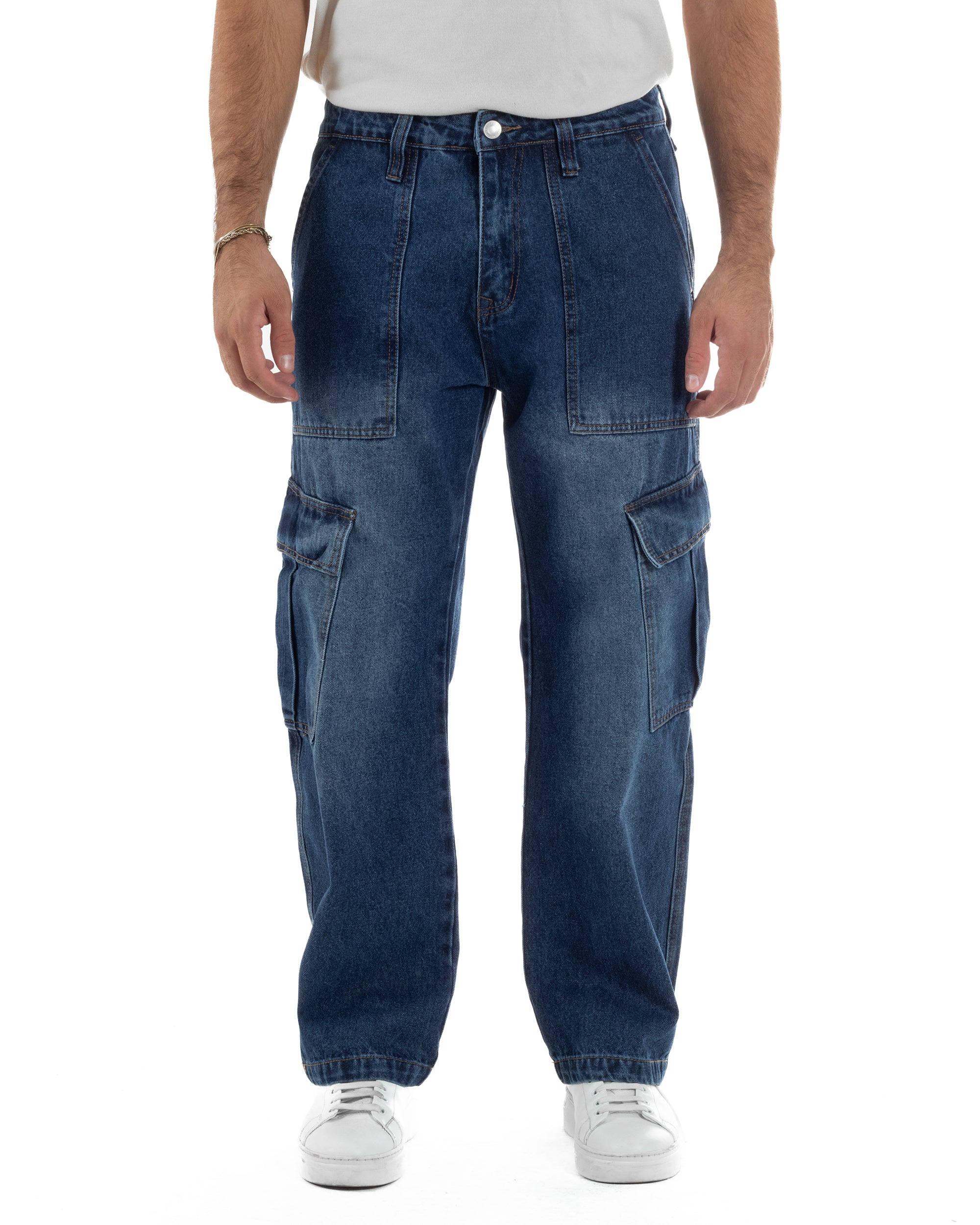 Jeans Uomo Pantaloni Cargo Denim Scuro Baggy Fit JS1155A