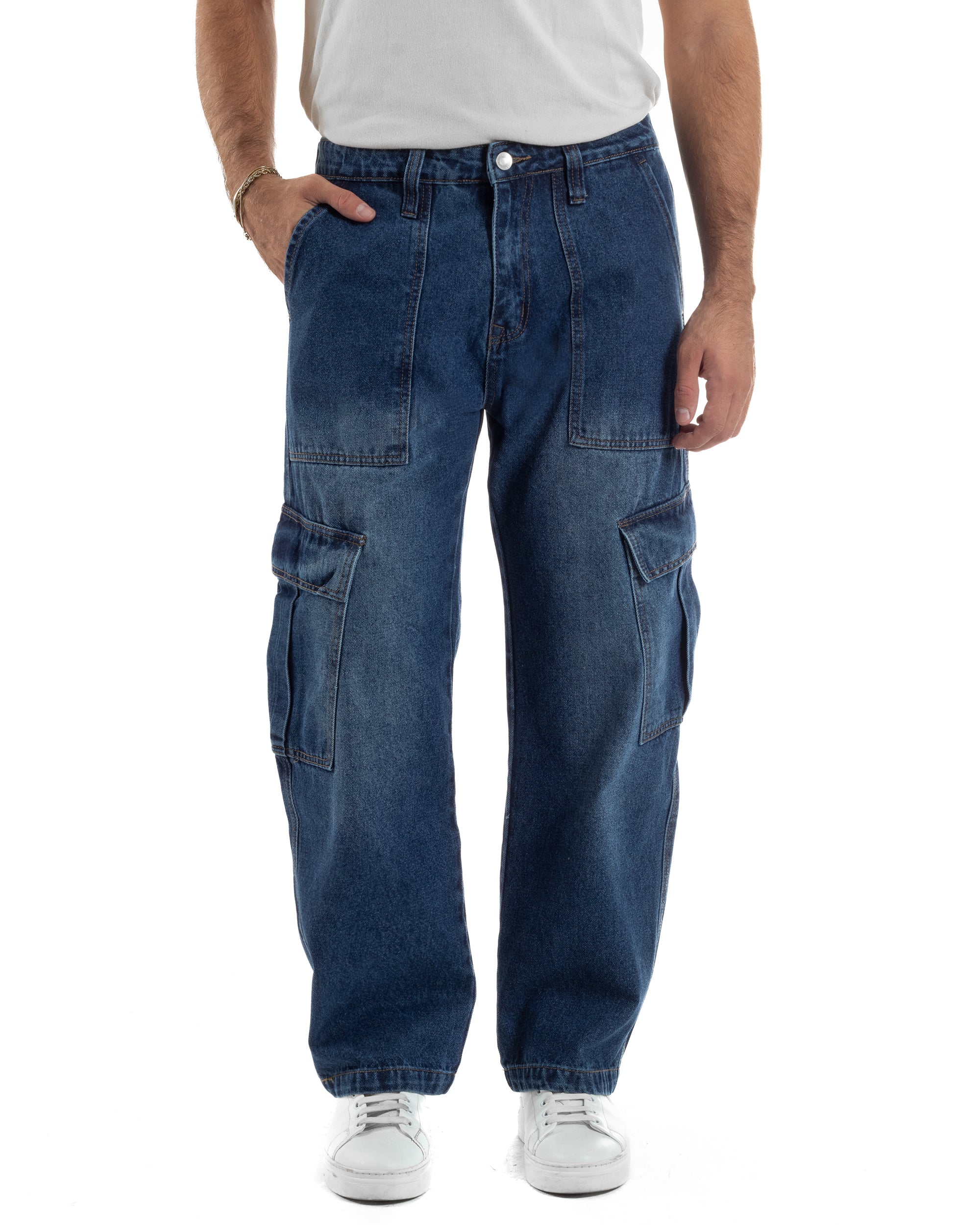 Jeans Uomo Pantaloni Cargo Denim Scuro Baggy Fit JS1155A