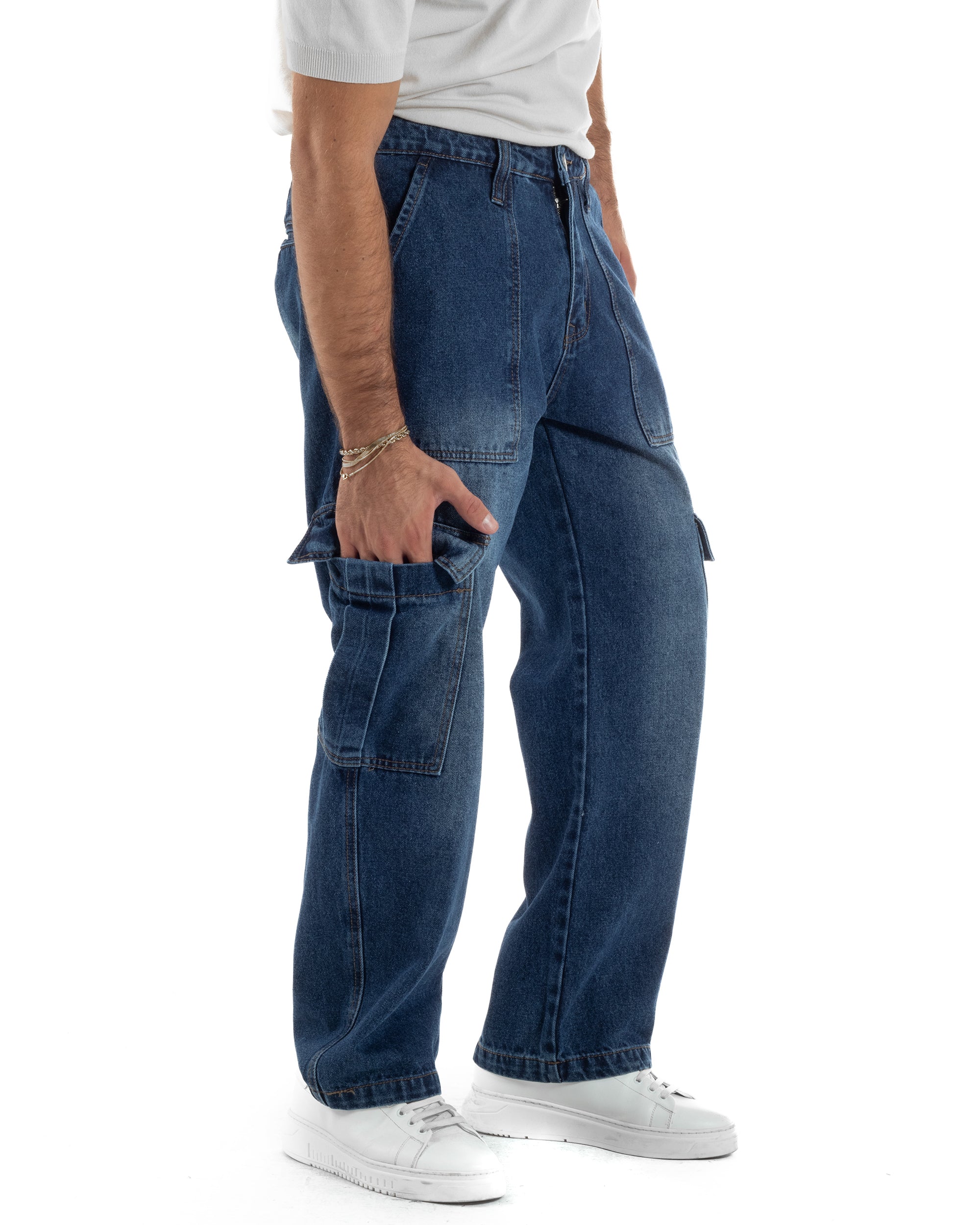 Jeans Uomo Pantaloni Cargo Denim Scuro Baggy Fit JS1155A