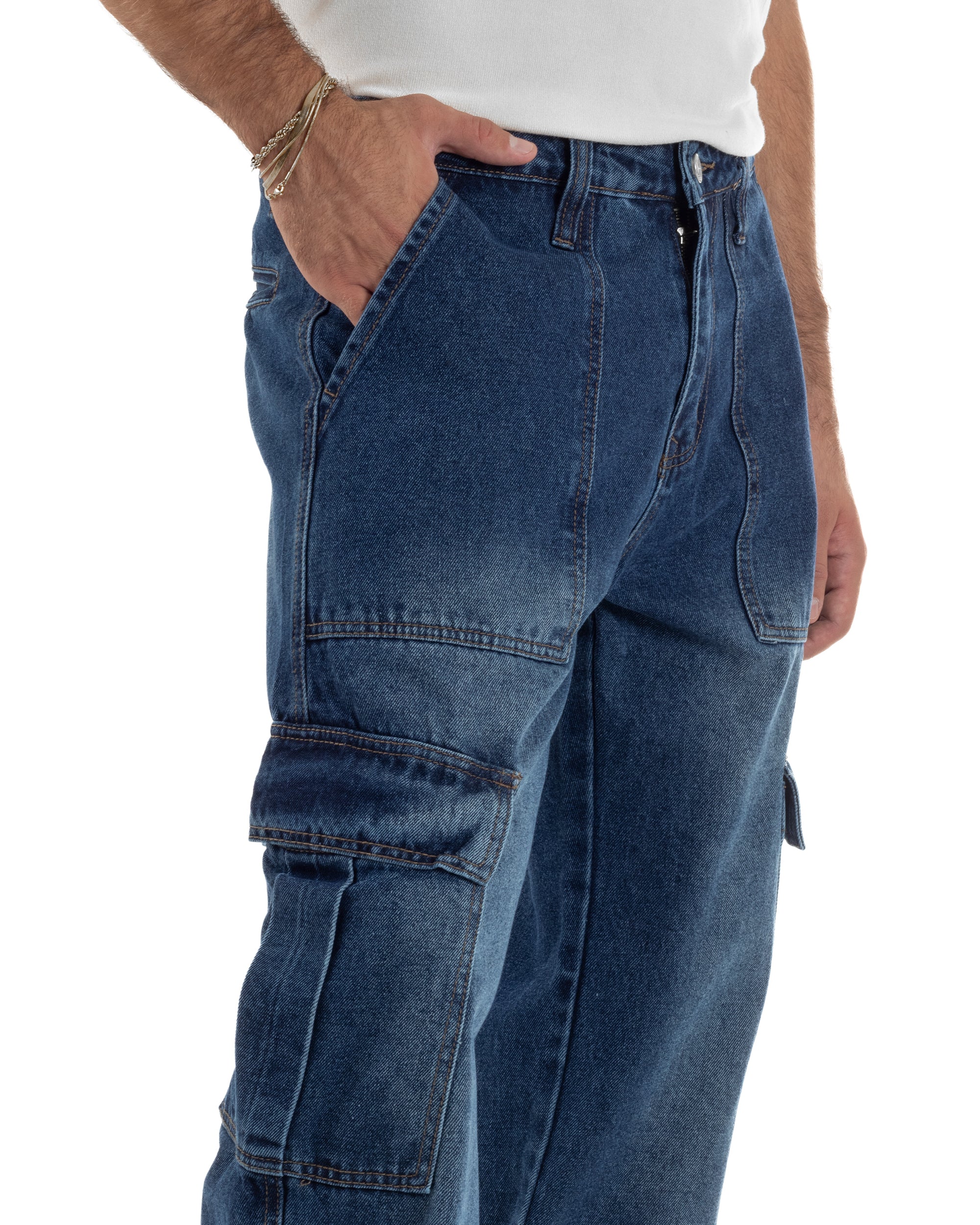 Jeans Uomo Pantaloni Cargo Denim Scuro Baggy Fit JS1155A