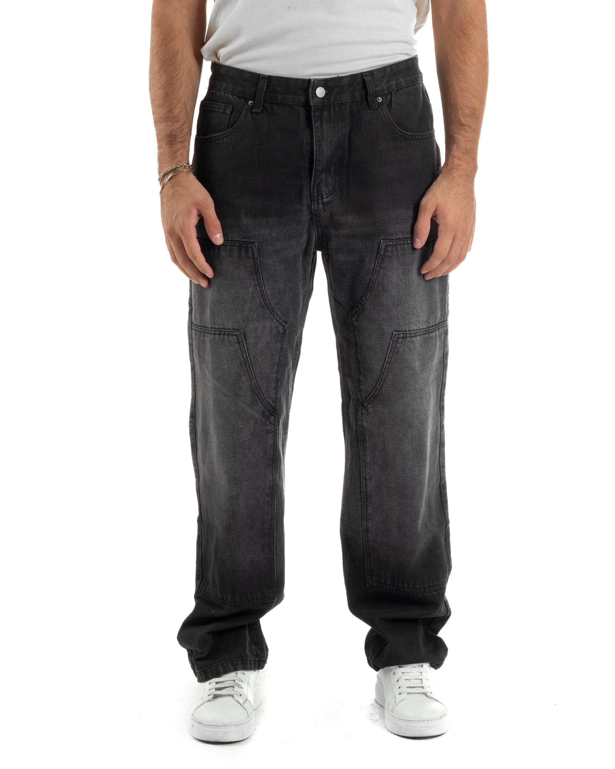 Jeans Uomo Pantaloni Carpenter Denim Sfumato Nero Baggy Fit JS1157A