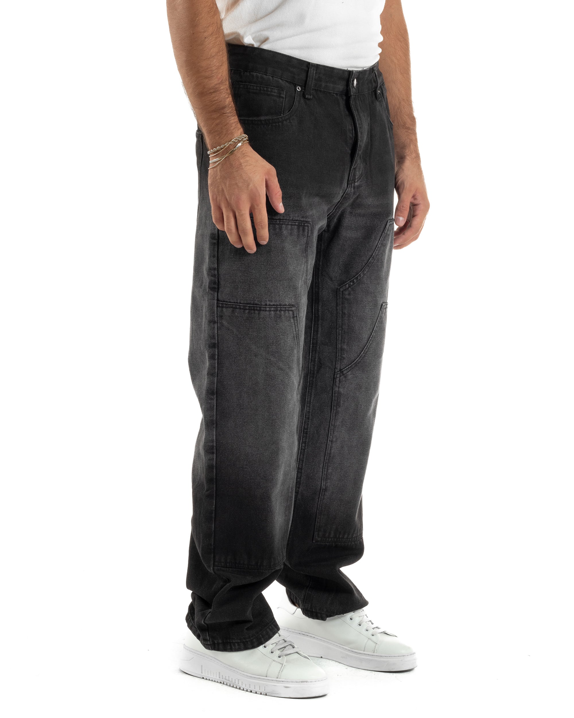 Jeans Uomo Pantaloni Carpenter Denim Sfumato Nero Baggy Fit JS1157A