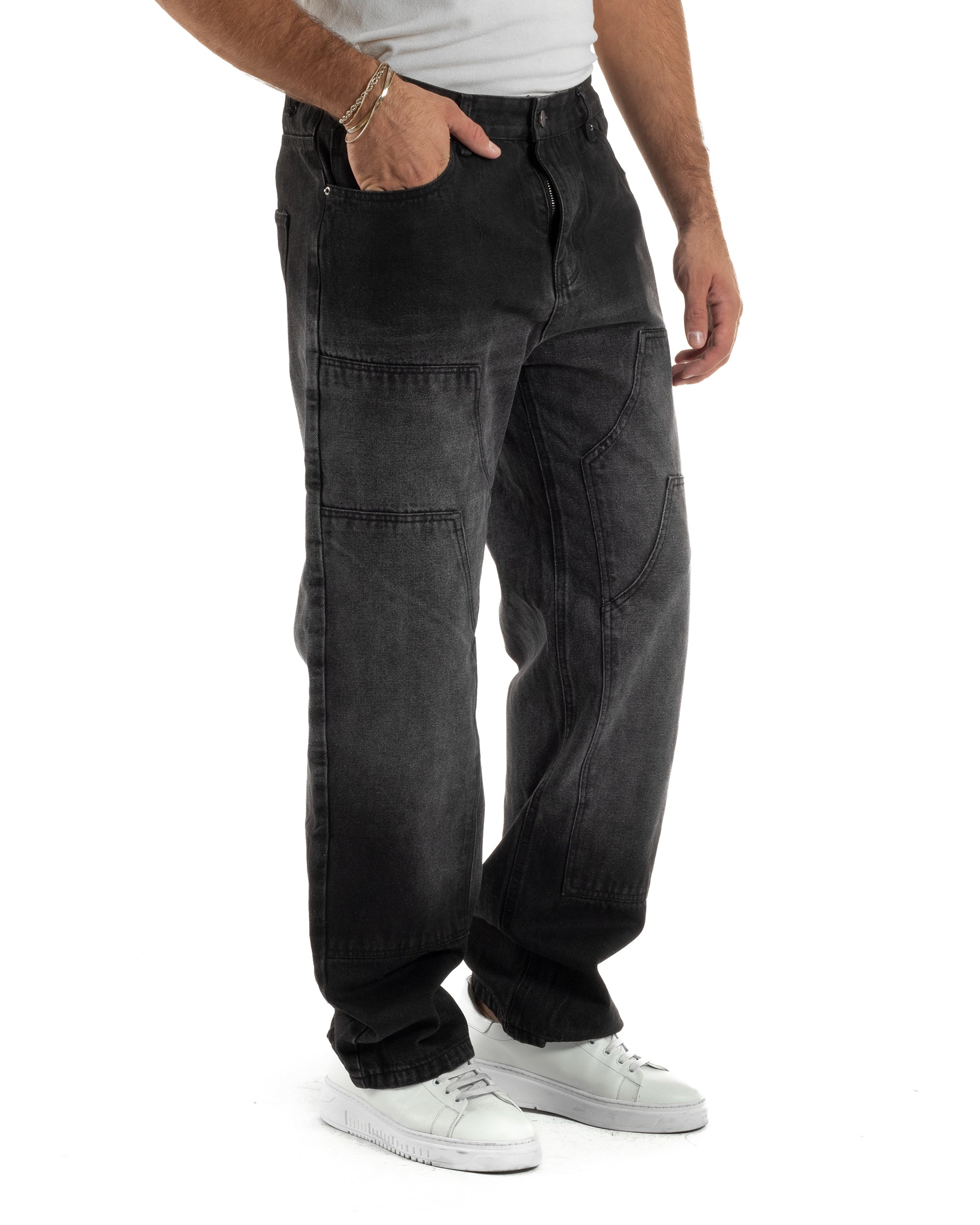Jeans Uomo Pantaloni Carpenter Denim Sfumato Nero Baggy Fit JS1157A