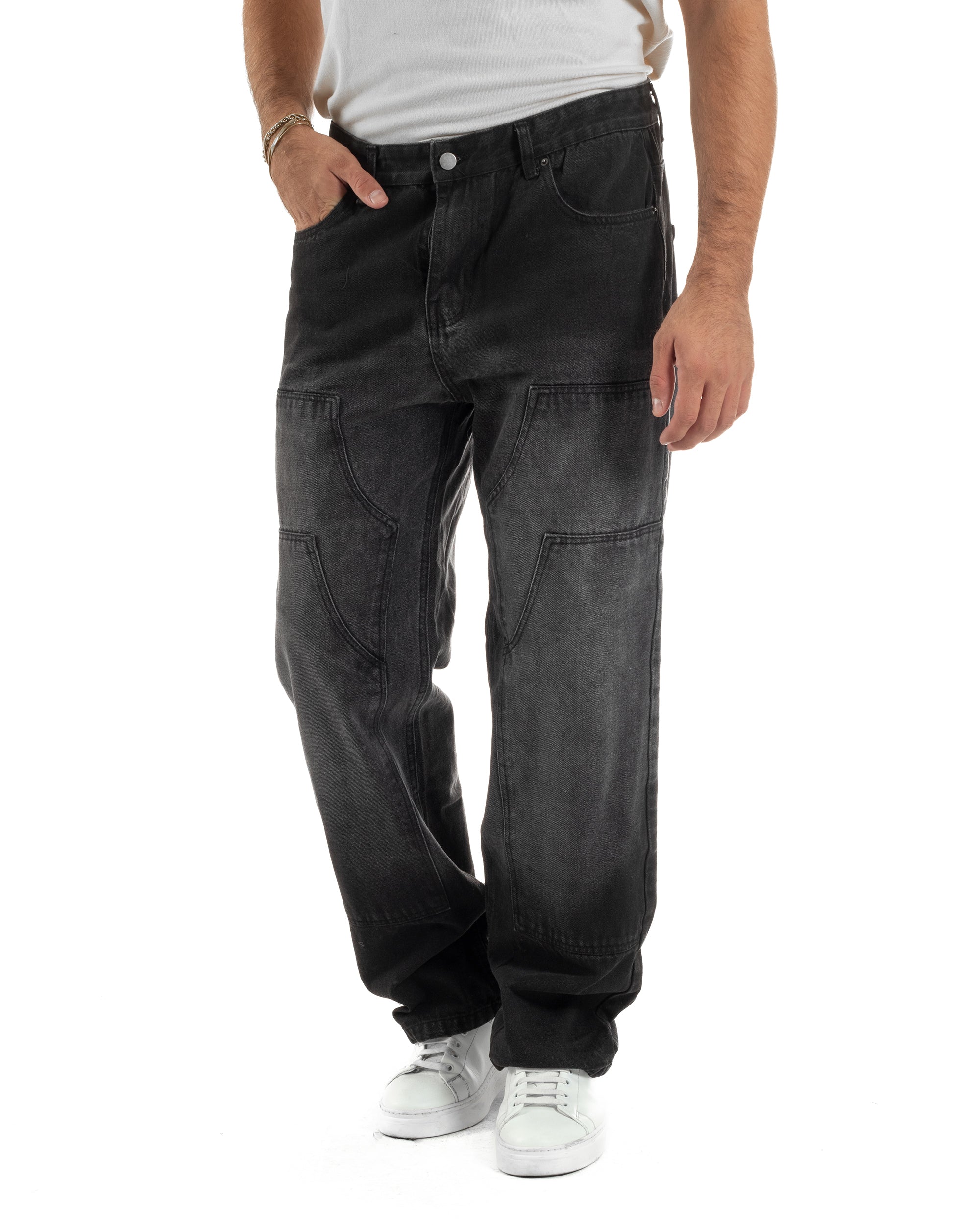 Jeans Uomo Pantaloni Carpenter Denim Sfumato Nero Baggy Fit JS1157A