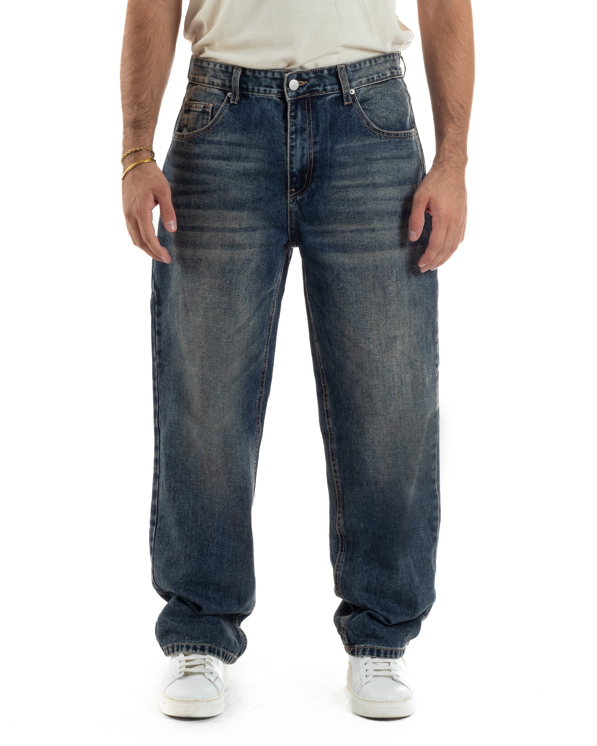 Jeans Uomo Pantaloni Denim Sfumato Sabbiato Blu Baggy Fit JS1158A