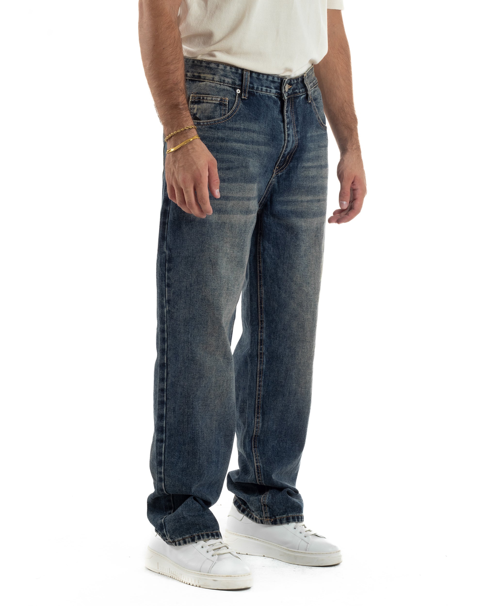Jeans Uomo Pantaloni Denim Sfumato Sabbiato Blu Baggy Fit JS1158A