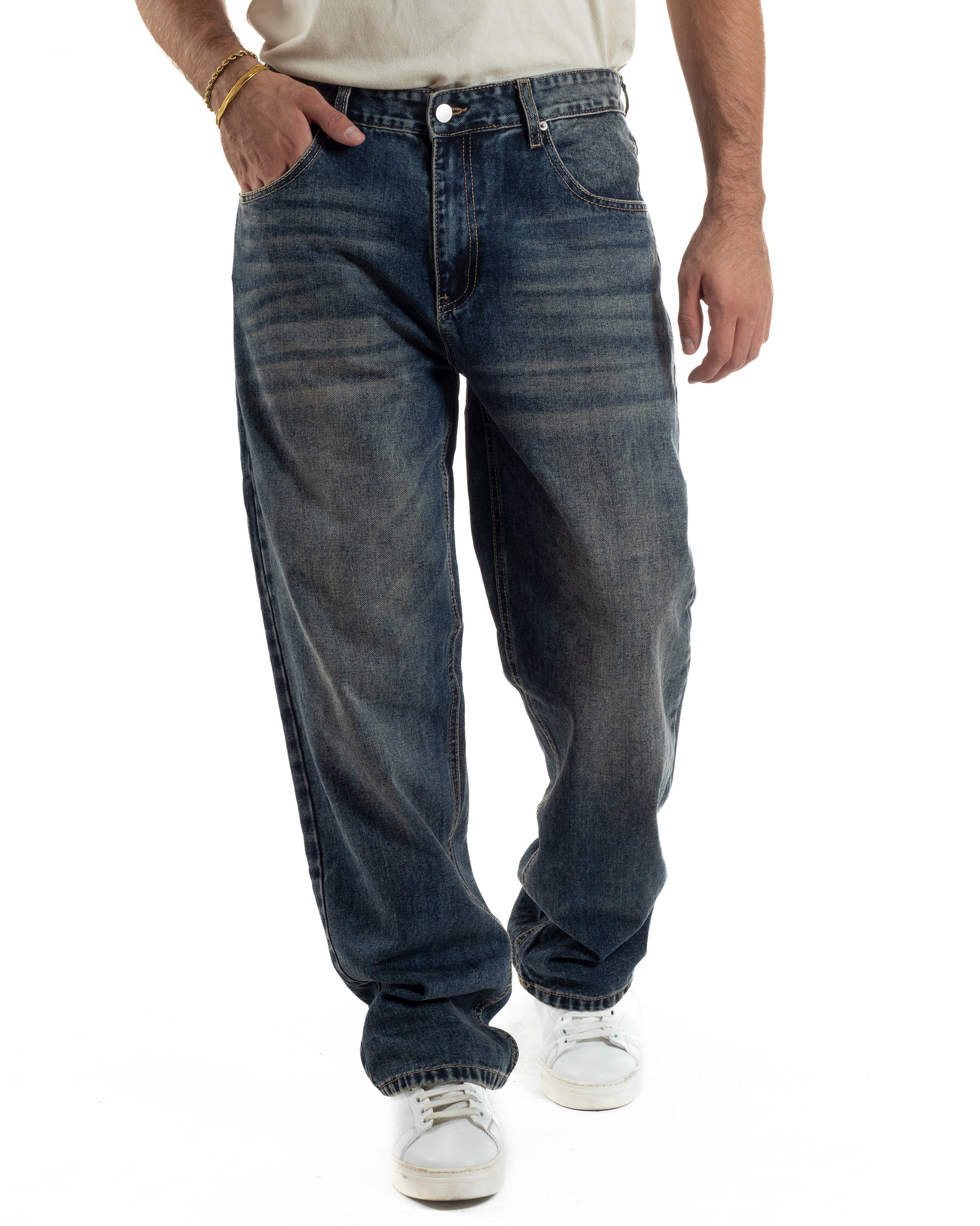 Jeans Uomo Pantaloni Denim Sfumato Sabbiato Blu Baggy Fit JS1158A