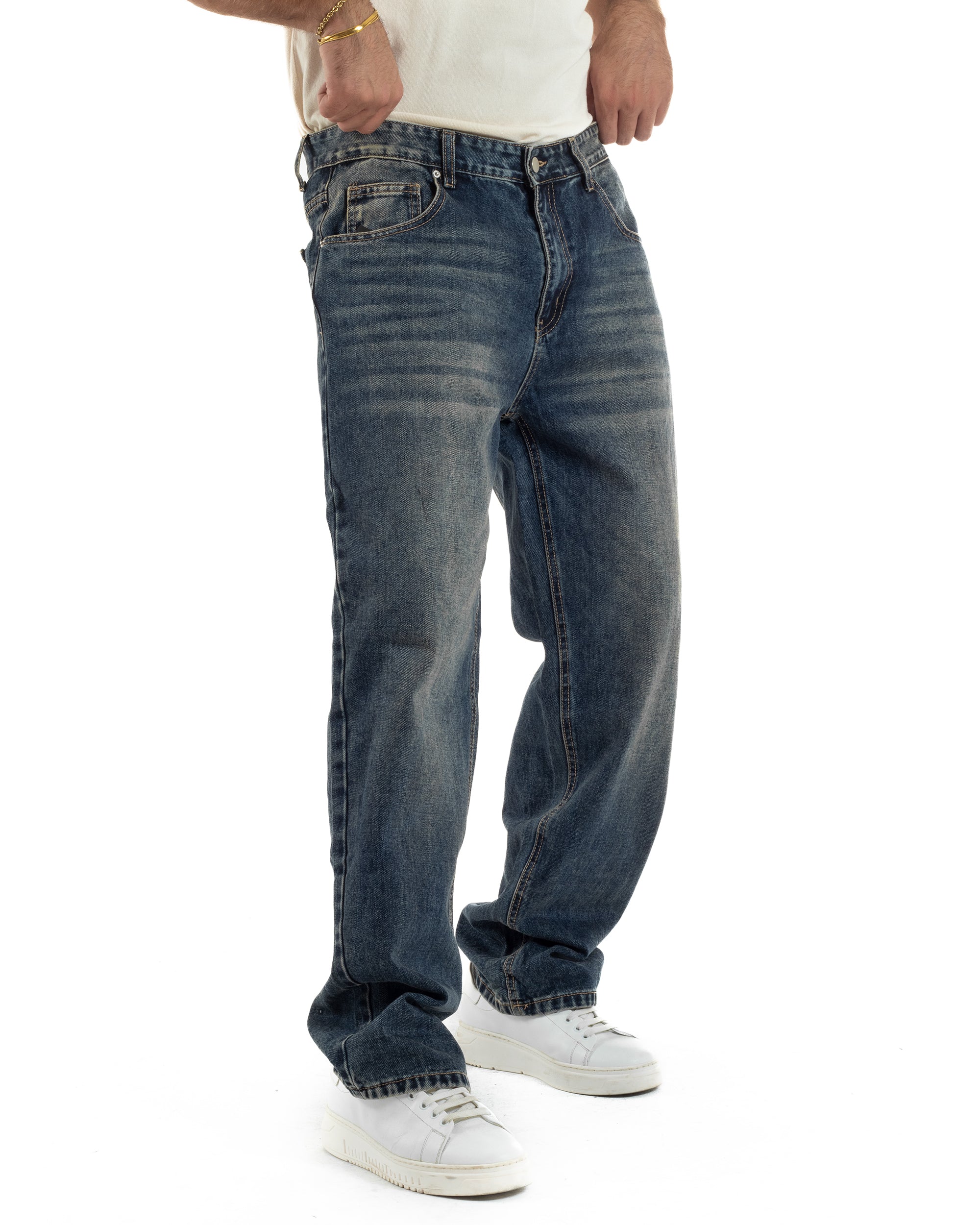 Jeans Uomo Pantaloni Denim Sfumato Sabbiato Blu Baggy Fit JS1158A