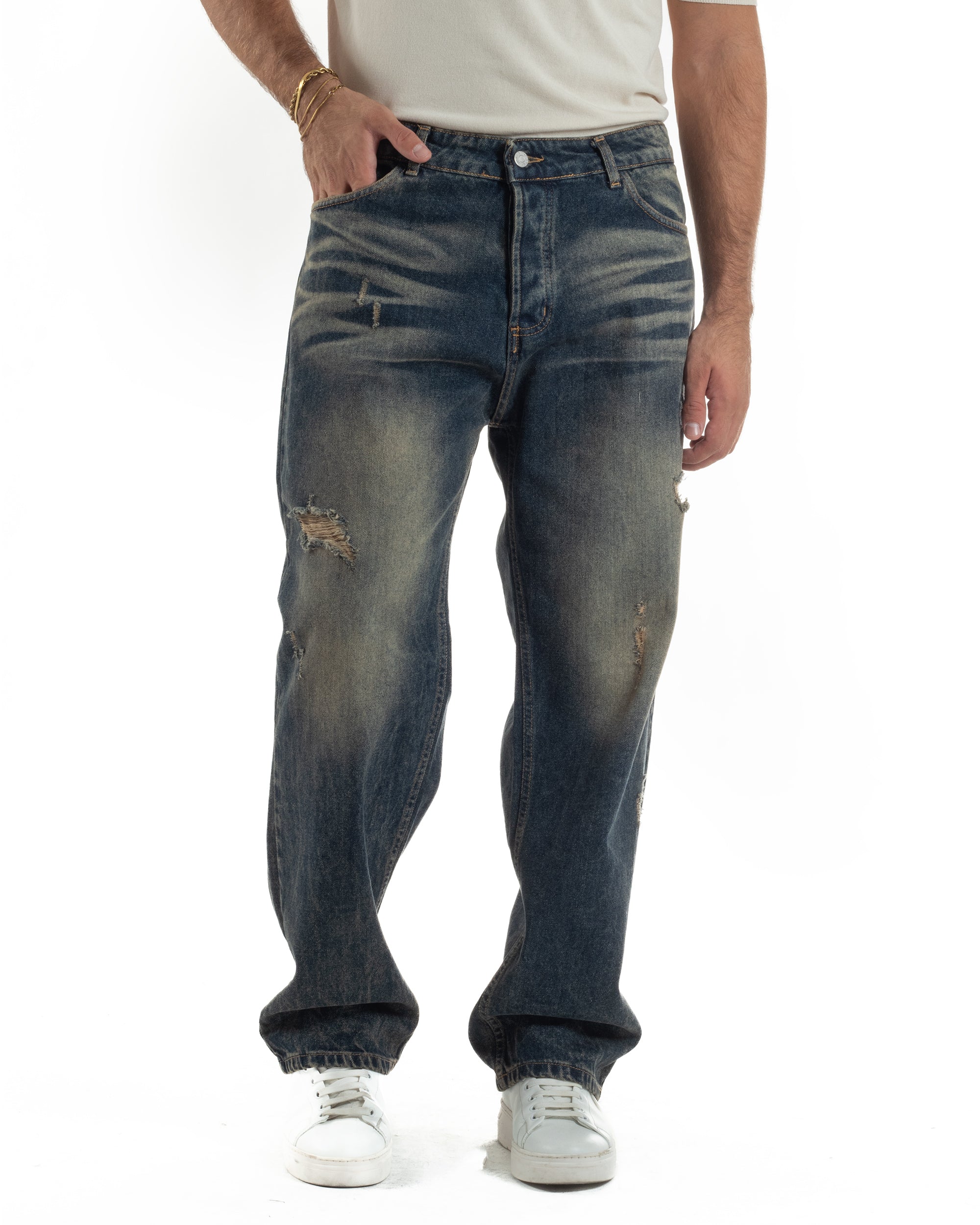Jeans Uomo Pantaloni Denim Sfumato Sabbiato Baggy Fit JS1159A