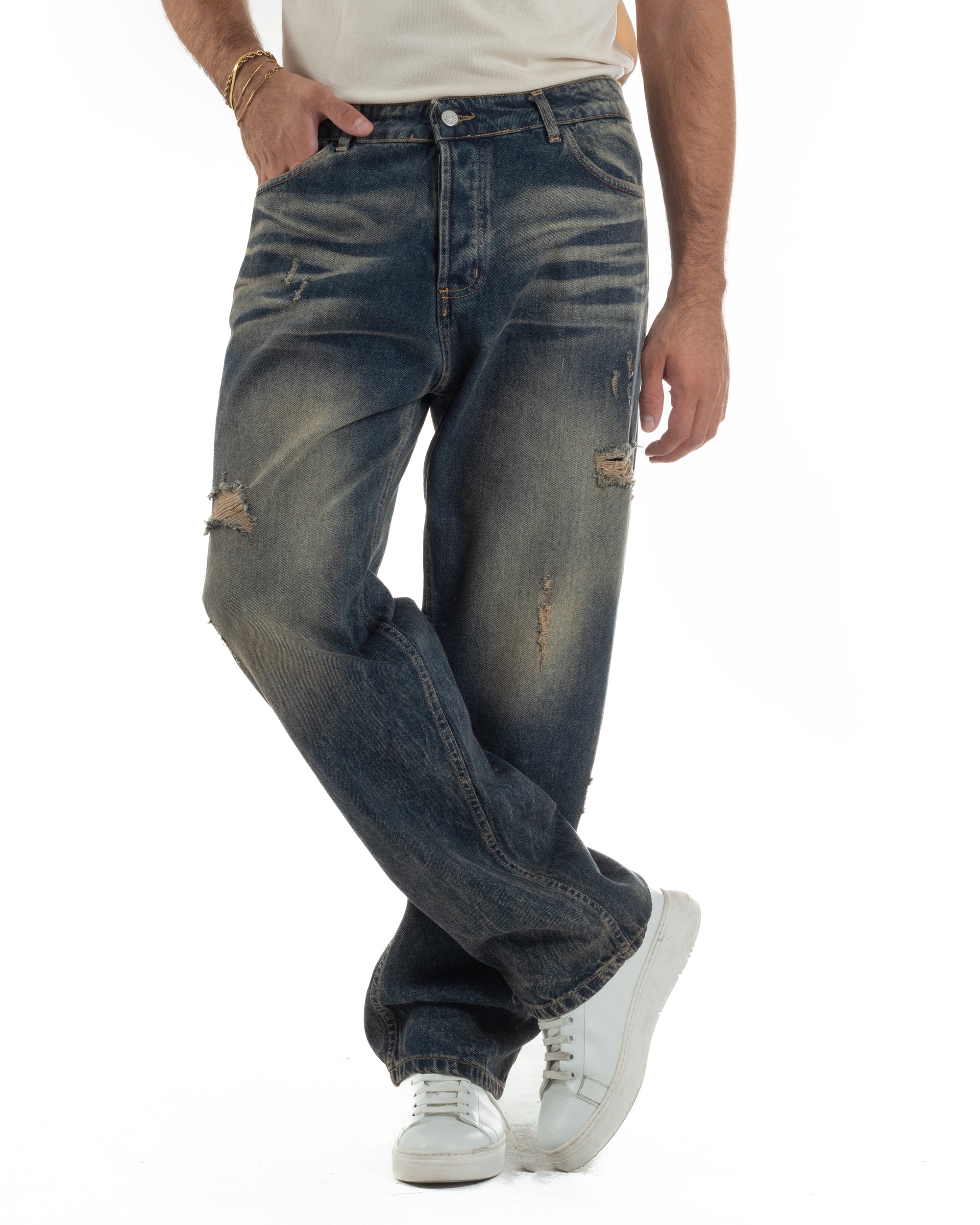 Jeans Uomo Pantaloni Denim Sfumato Sabbiato Baggy Fit JS1159A
