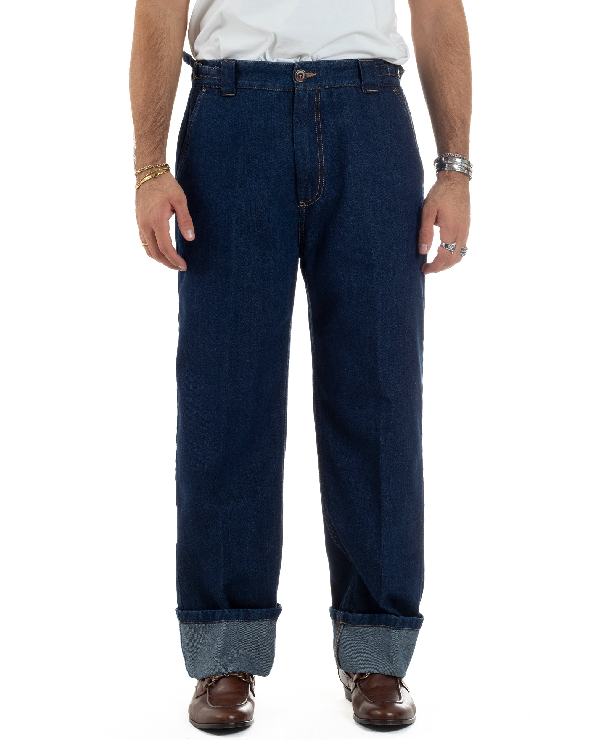 Jeans Uomo Gurkha Pants Baggy Pantaloni Fibbie Denim Scuro Berna M-252122