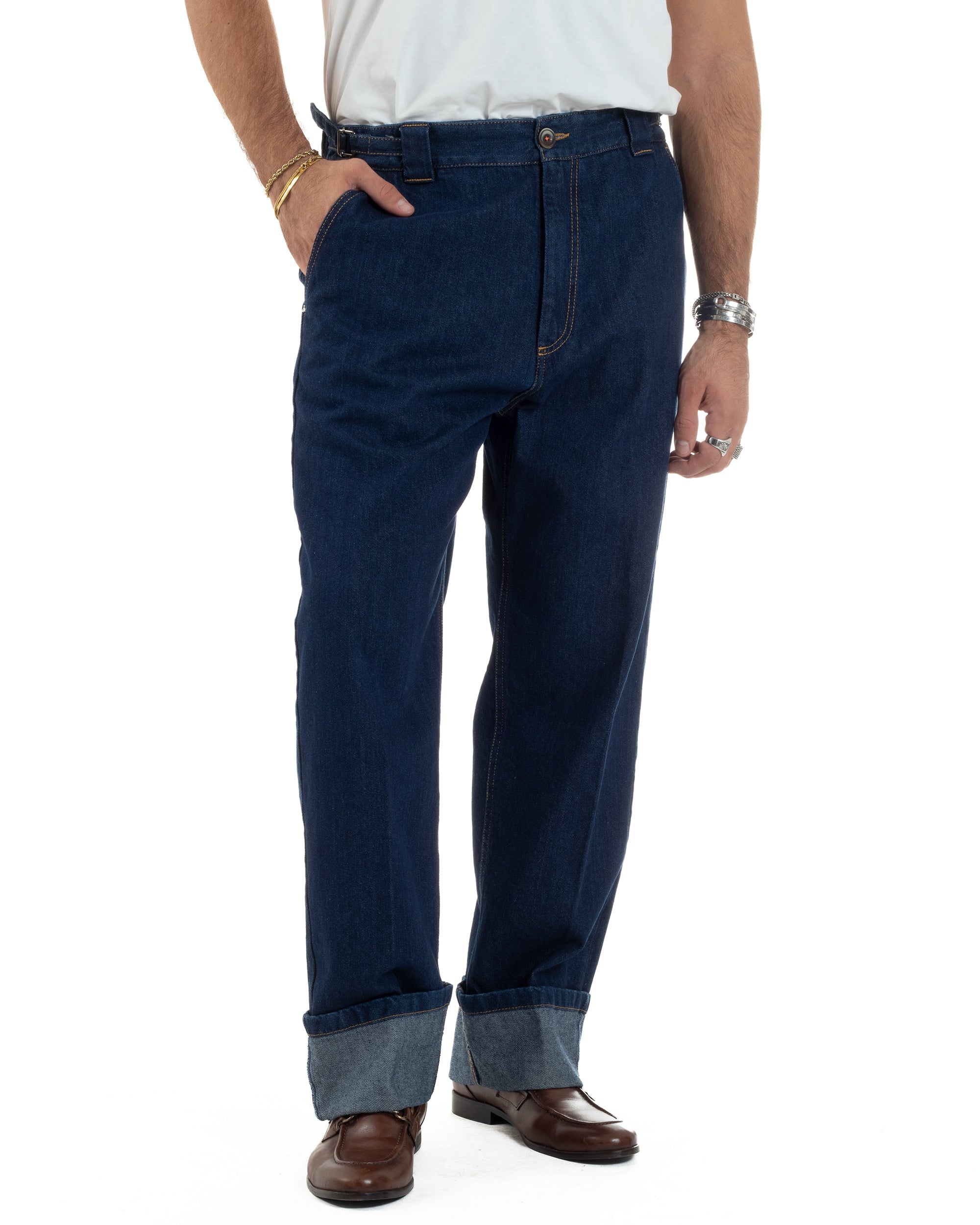 Jeans Uomo Gurkha Pants Baggy Pantaloni Fibbie Denim Scuro Berna M-252122