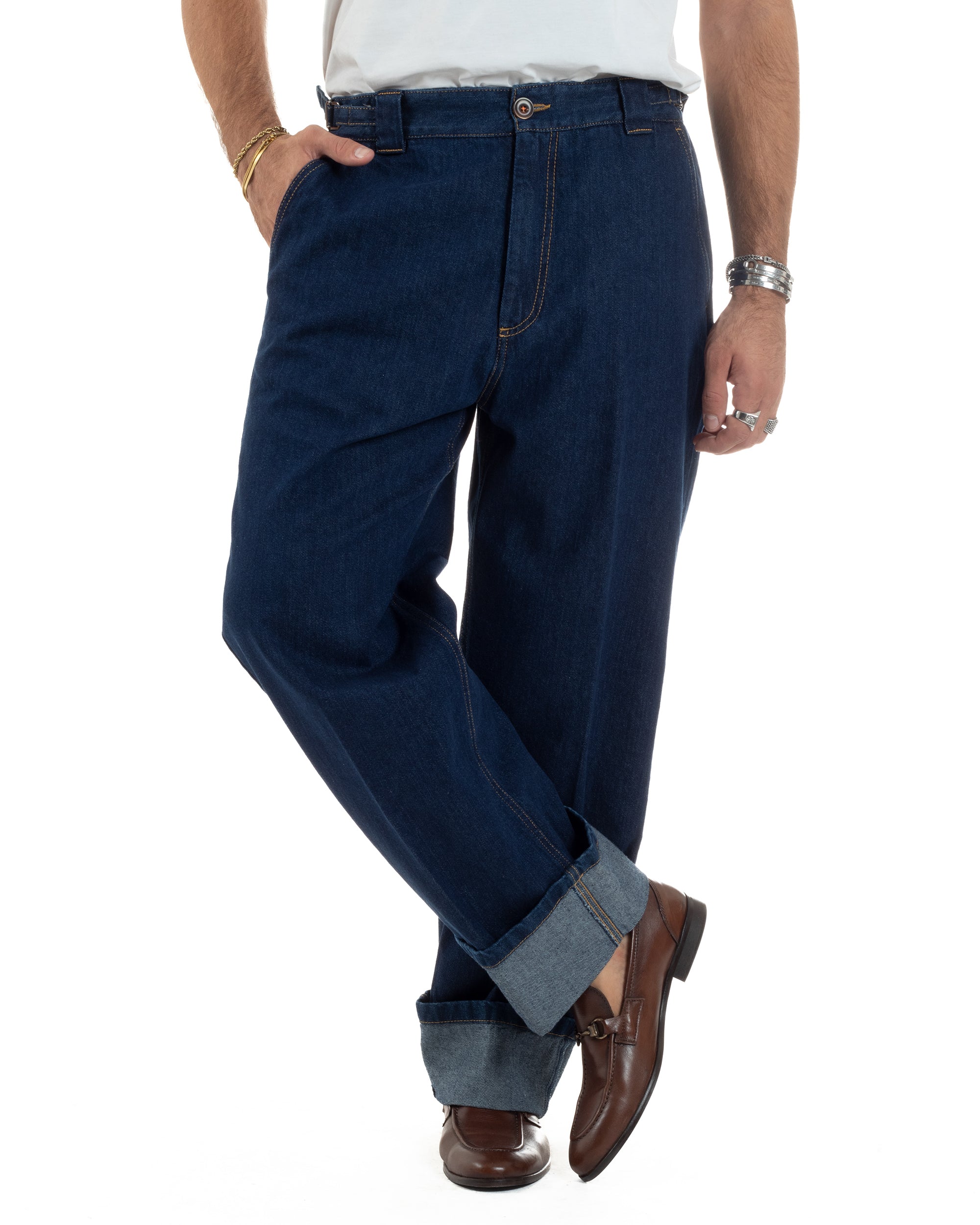Jeans Uomo Gurkha Pants Baggy Pantaloni Fibbie Denim Scuro Berna M-252122