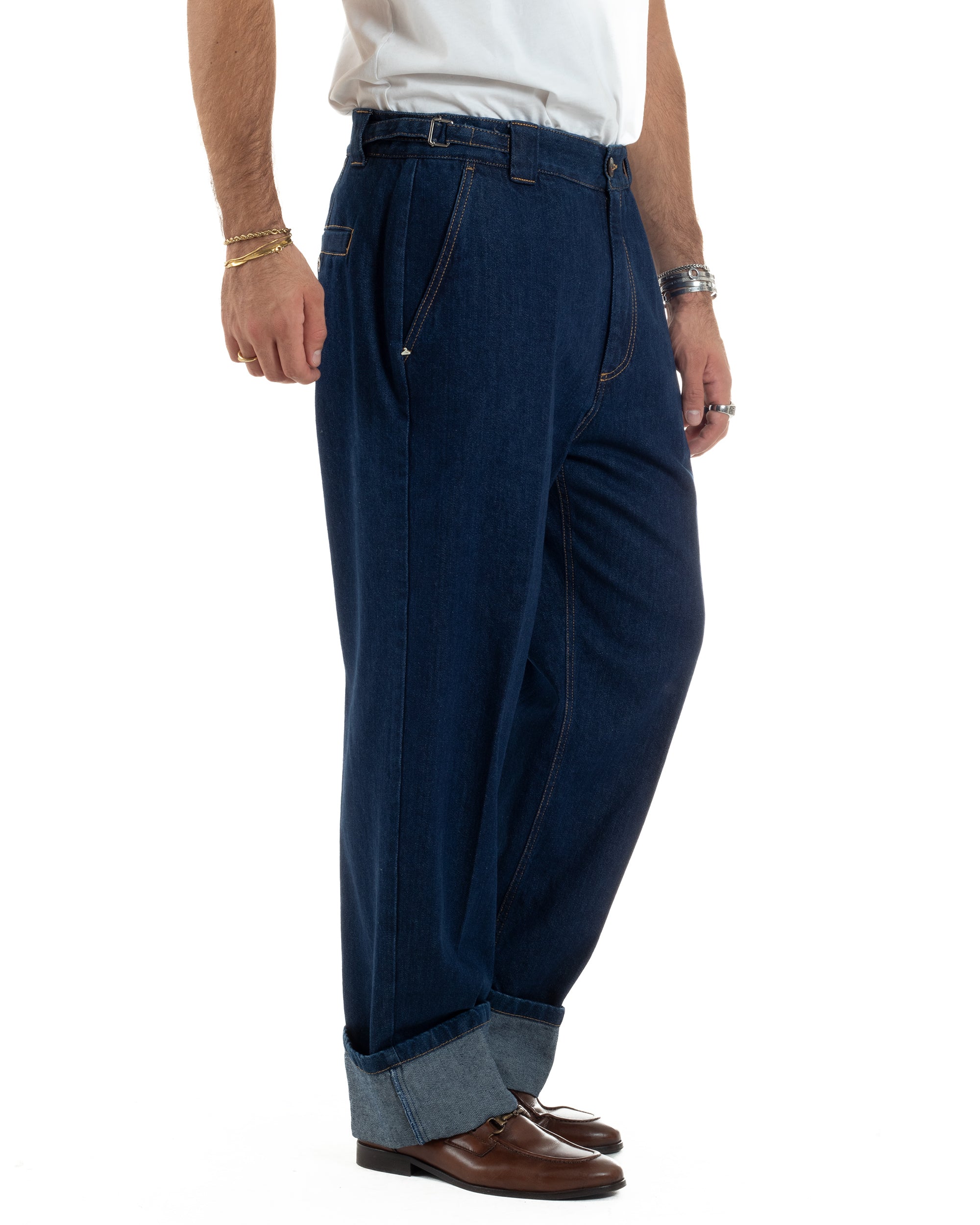 Jeans Uomo Gurkha Pants Baggy Pantaloni Fibbie Denim Scuro Berna M-252122