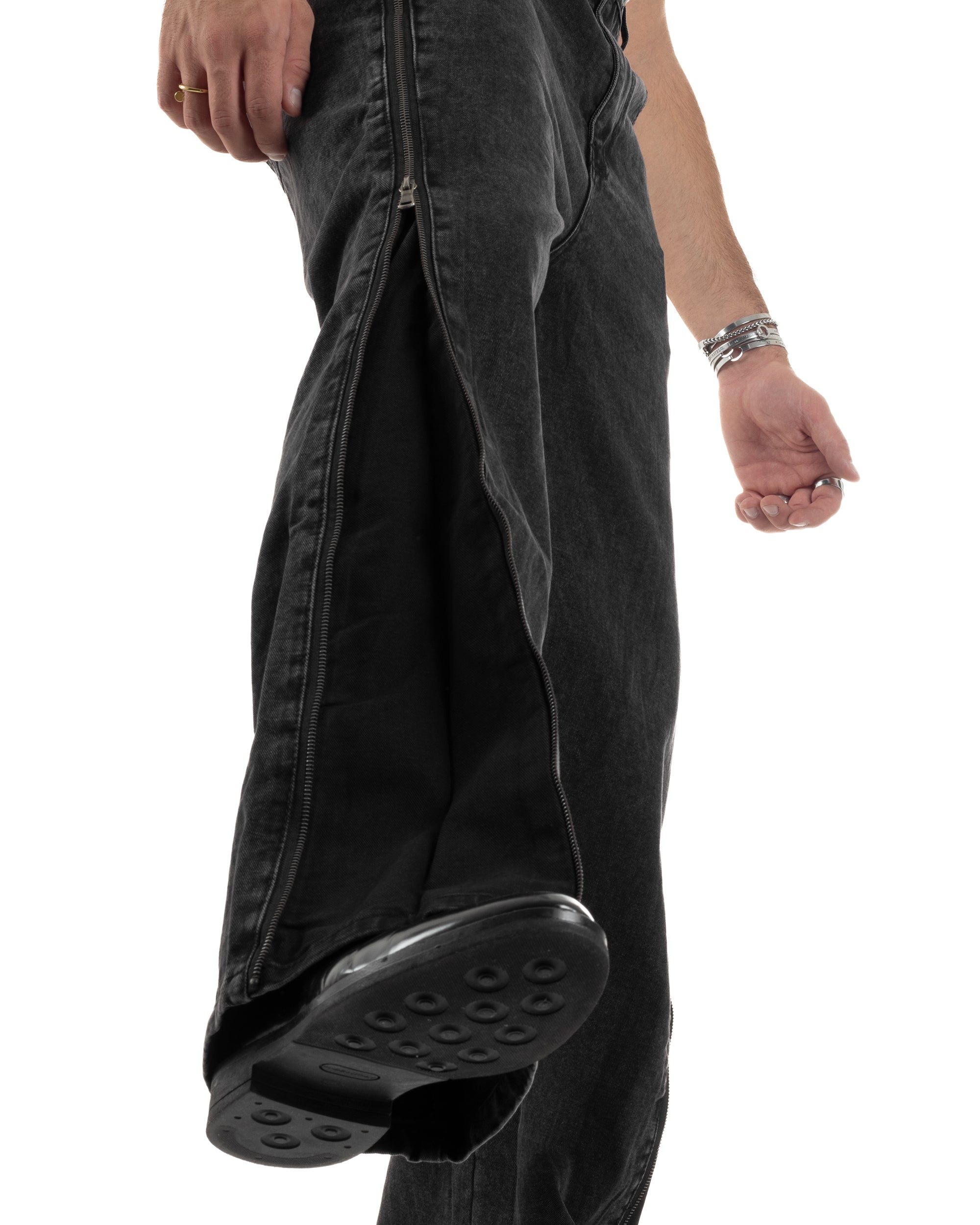 Jeans Uomo Wide Leg Zip Laterali Pantaloni Baggy Denim Nero JS1161A