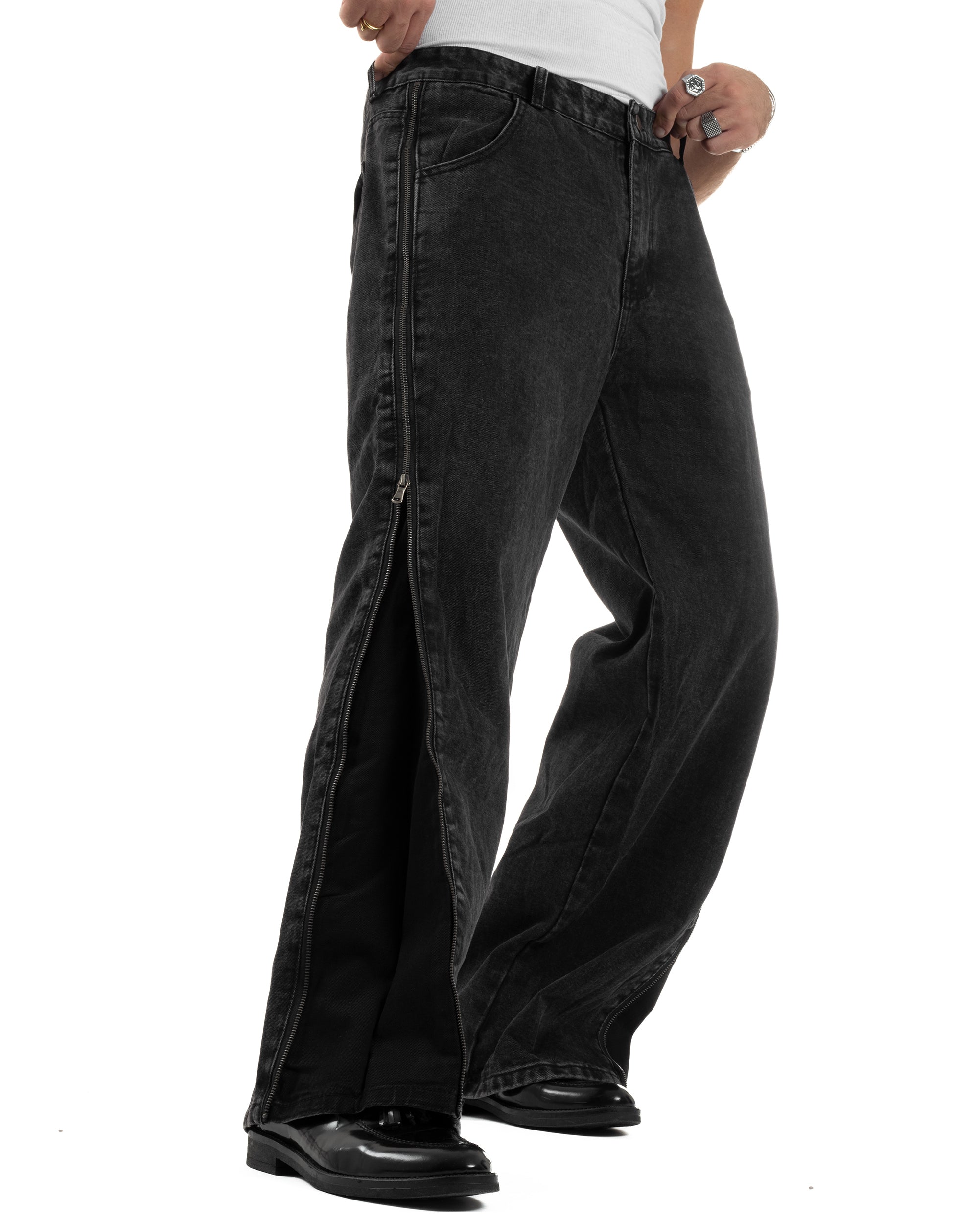 Jeans Uomo Wide Leg Zip Laterali Pantaloni Baggy Denim Nero JS1161A