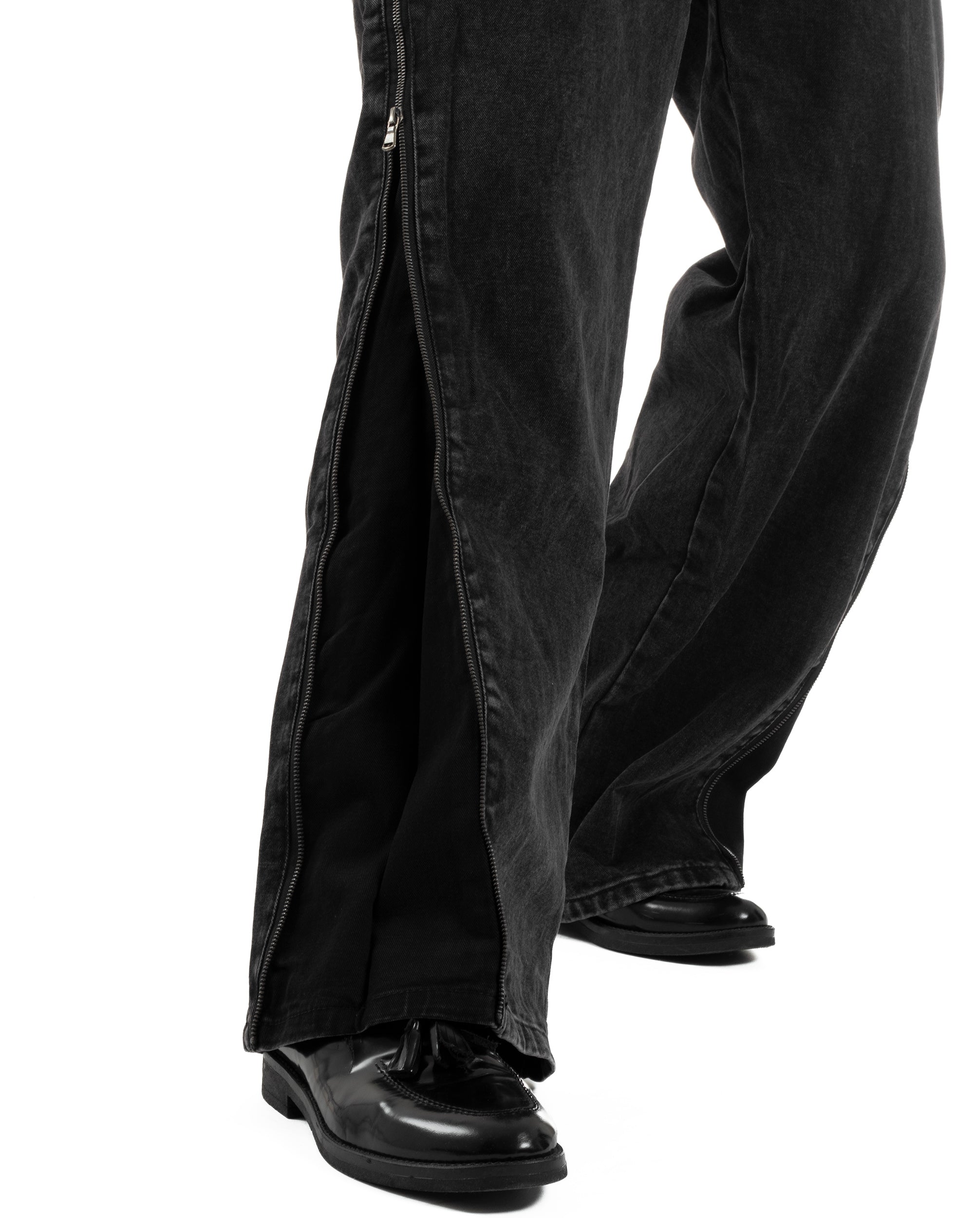 Jeans Uomo Wide Leg Zip Laterali Pantaloni Baggy Denim Nero JS1161A