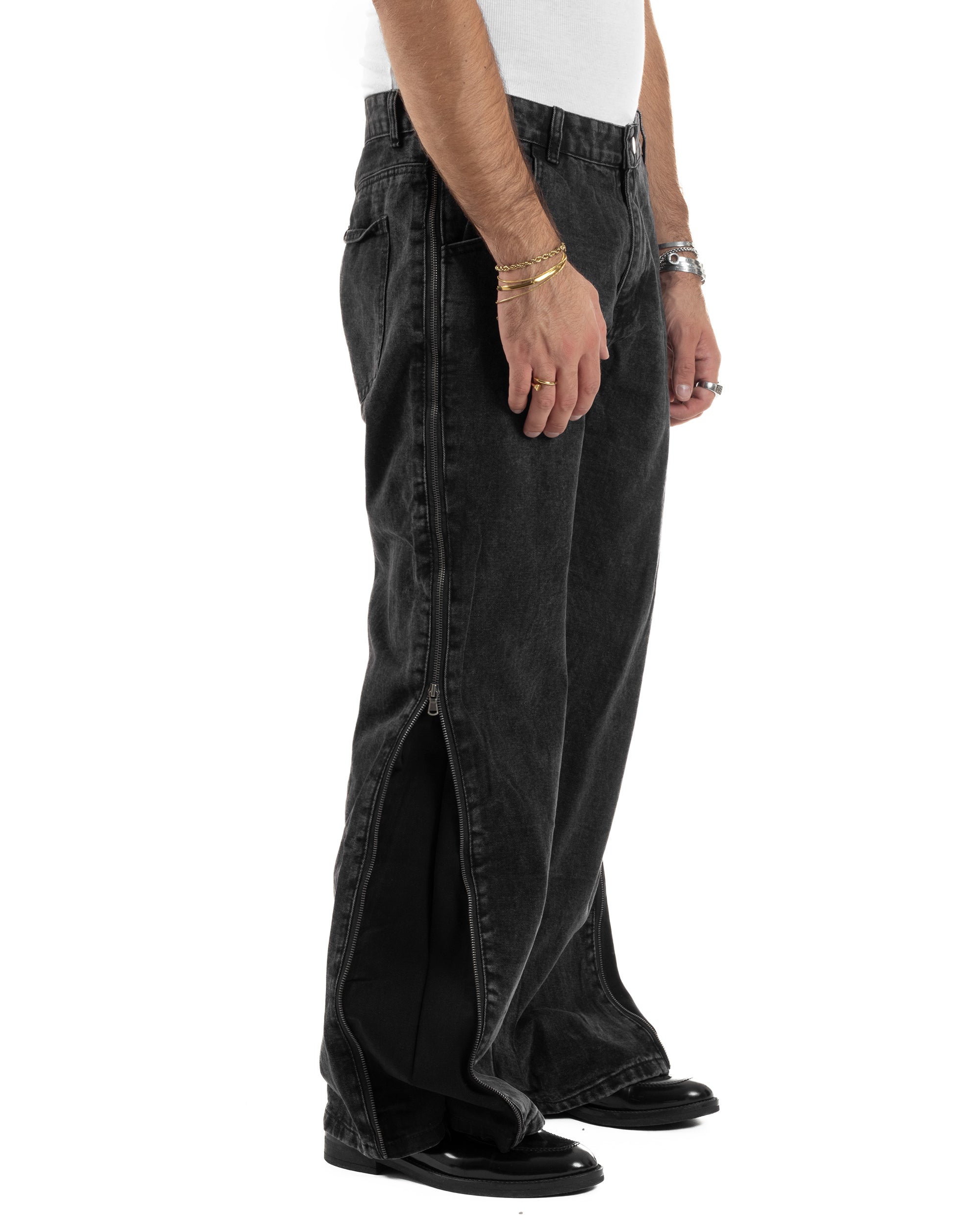 Jeans Uomo Wide Leg Zip Laterali Pantaloni Baggy Denim Nero JS1161A