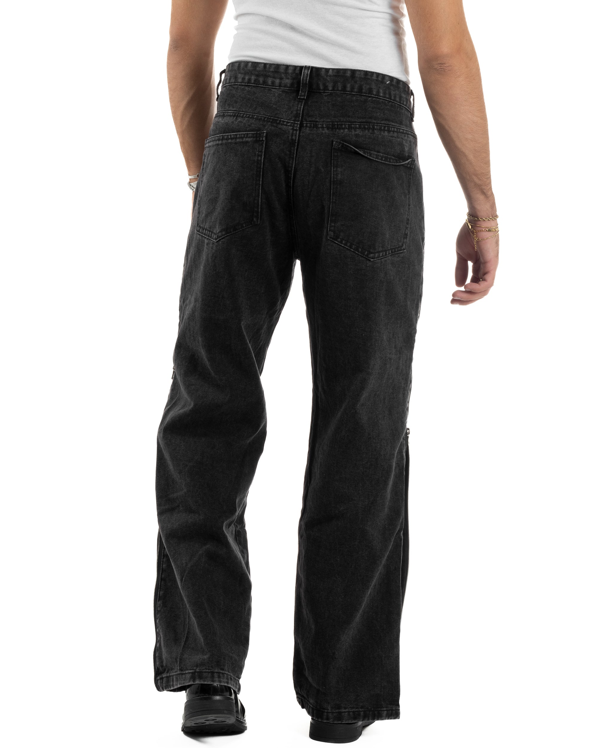 Jeans Uomo Wide Leg Zip Laterali Pantaloni Baggy Denim Nero JS1161A