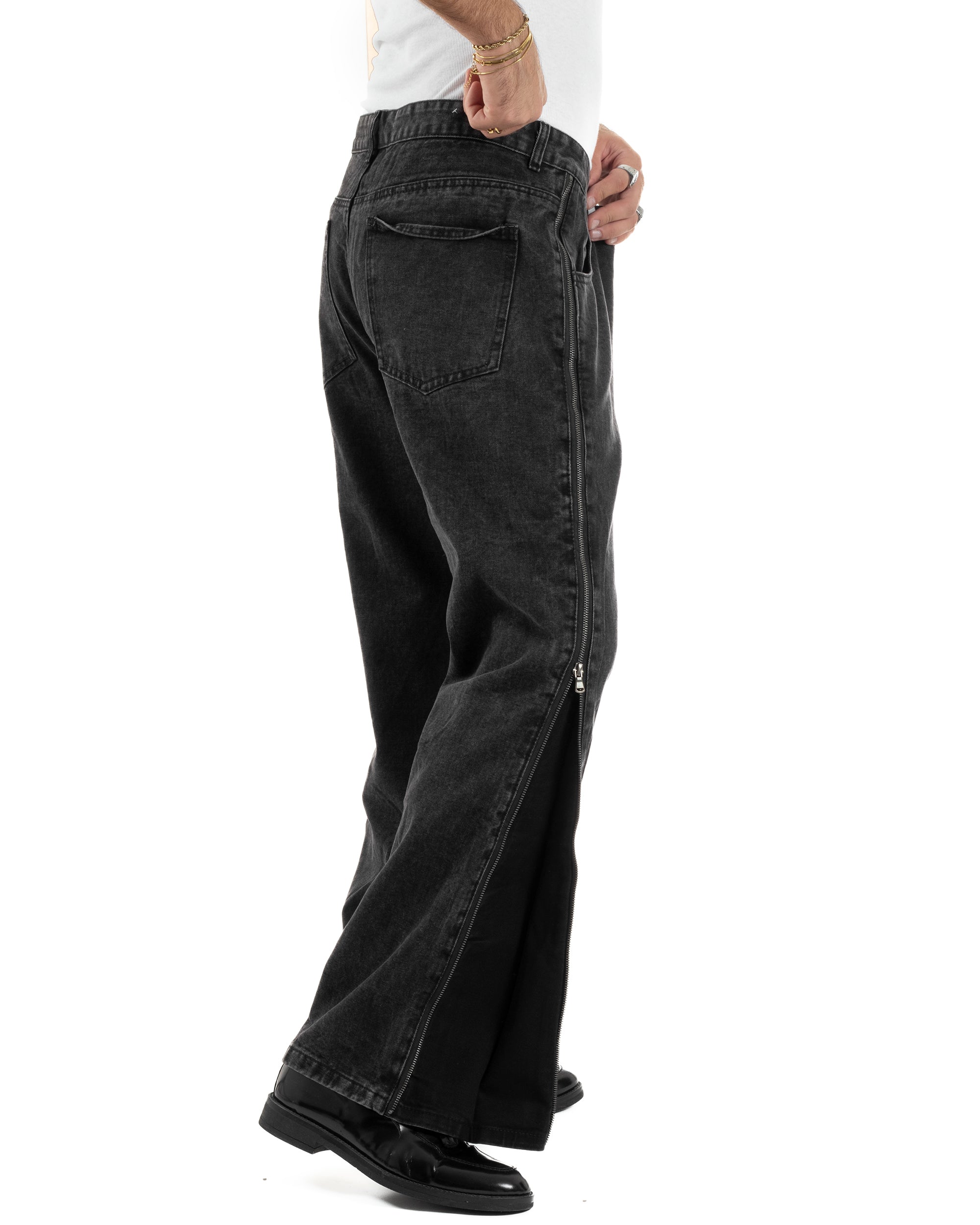 Jeans Uomo Wide Leg Zip Laterali Pantaloni Baggy Denim Nero JS1161A