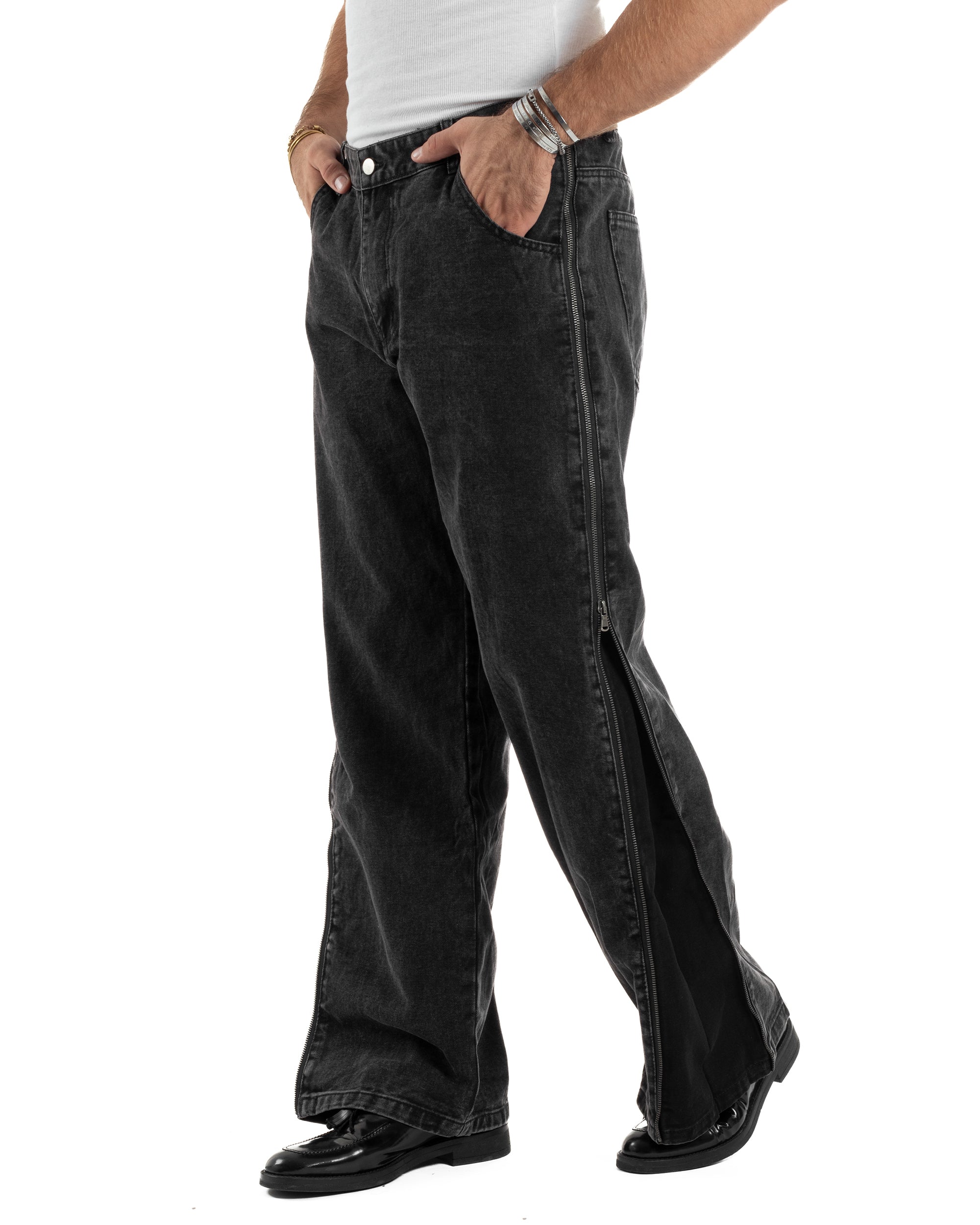 Jeans Uomo Wide Leg Zip Laterali Pantaloni Baggy Denim Nero JS1161A