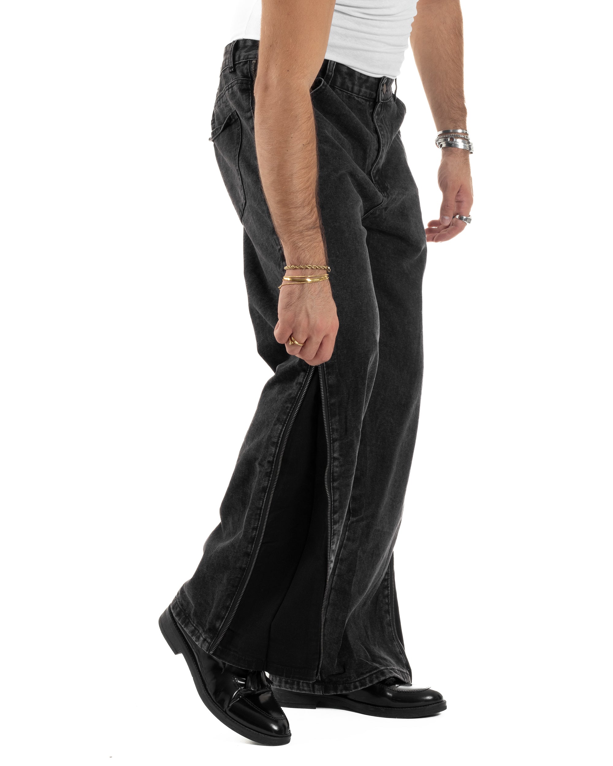 Jeans Uomo Wide Leg Zip Laterali Pantaloni Baggy Denim Nero JS1161A