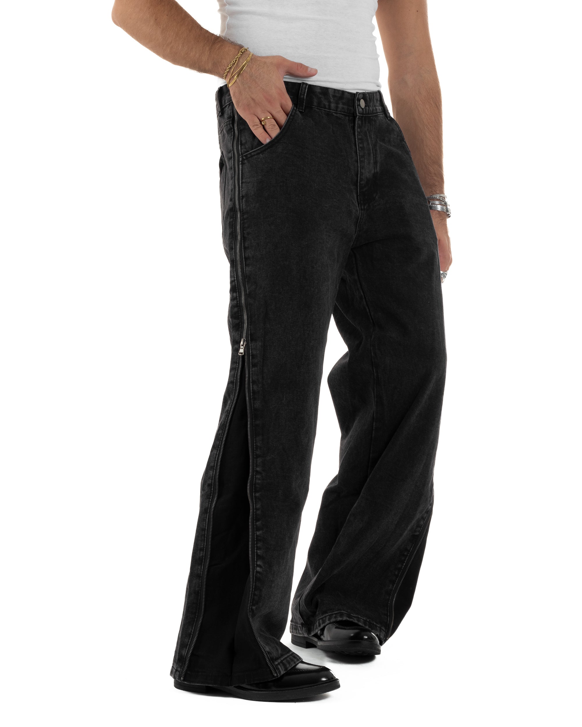 Jeans Uomo Wide Leg Zip Laterali Pantaloni Baggy Denim Nero JS1161A
