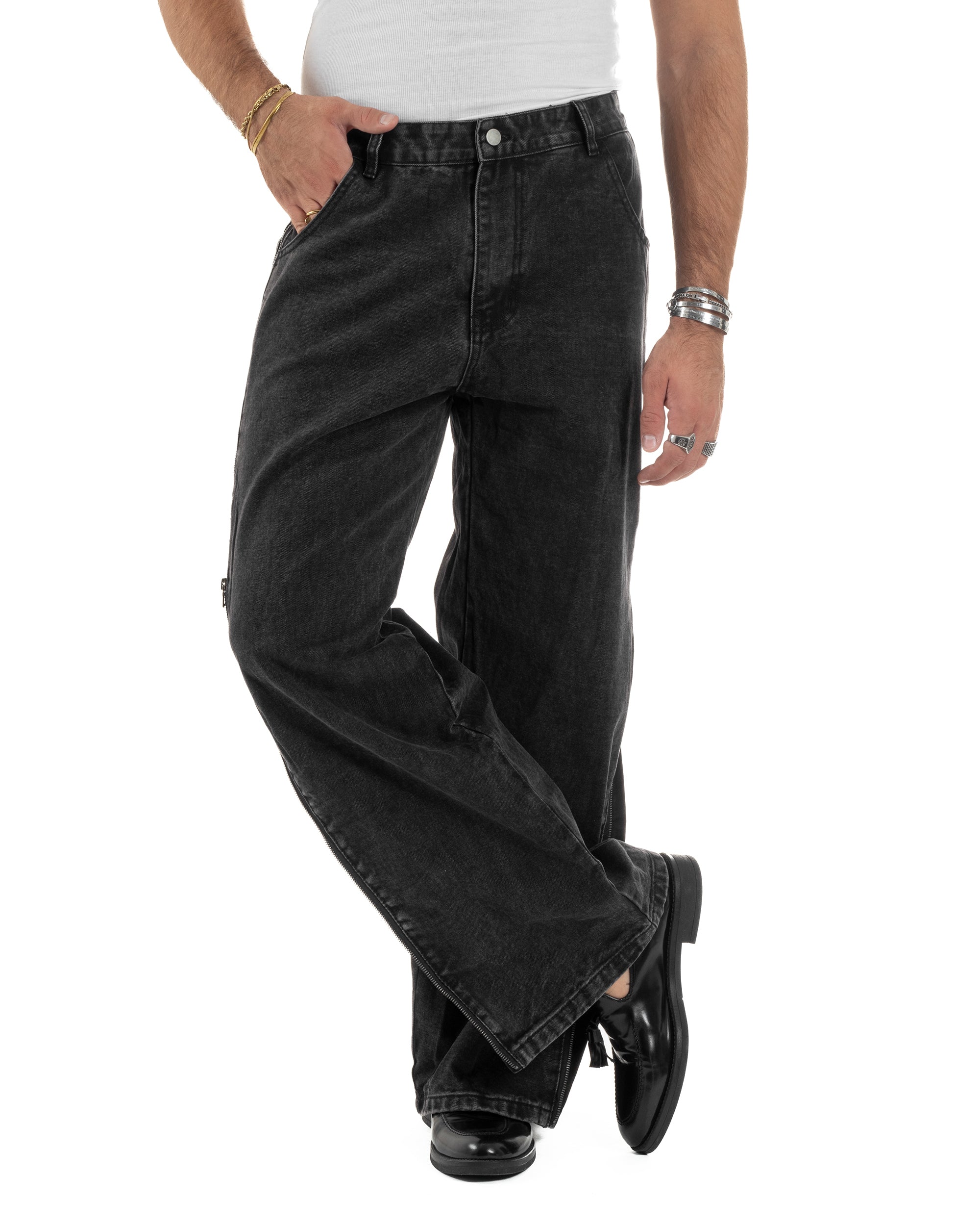 Jeans Uomo Wide Leg Zip Laterali Pantaloni Baggy Denim Nero JS1161A