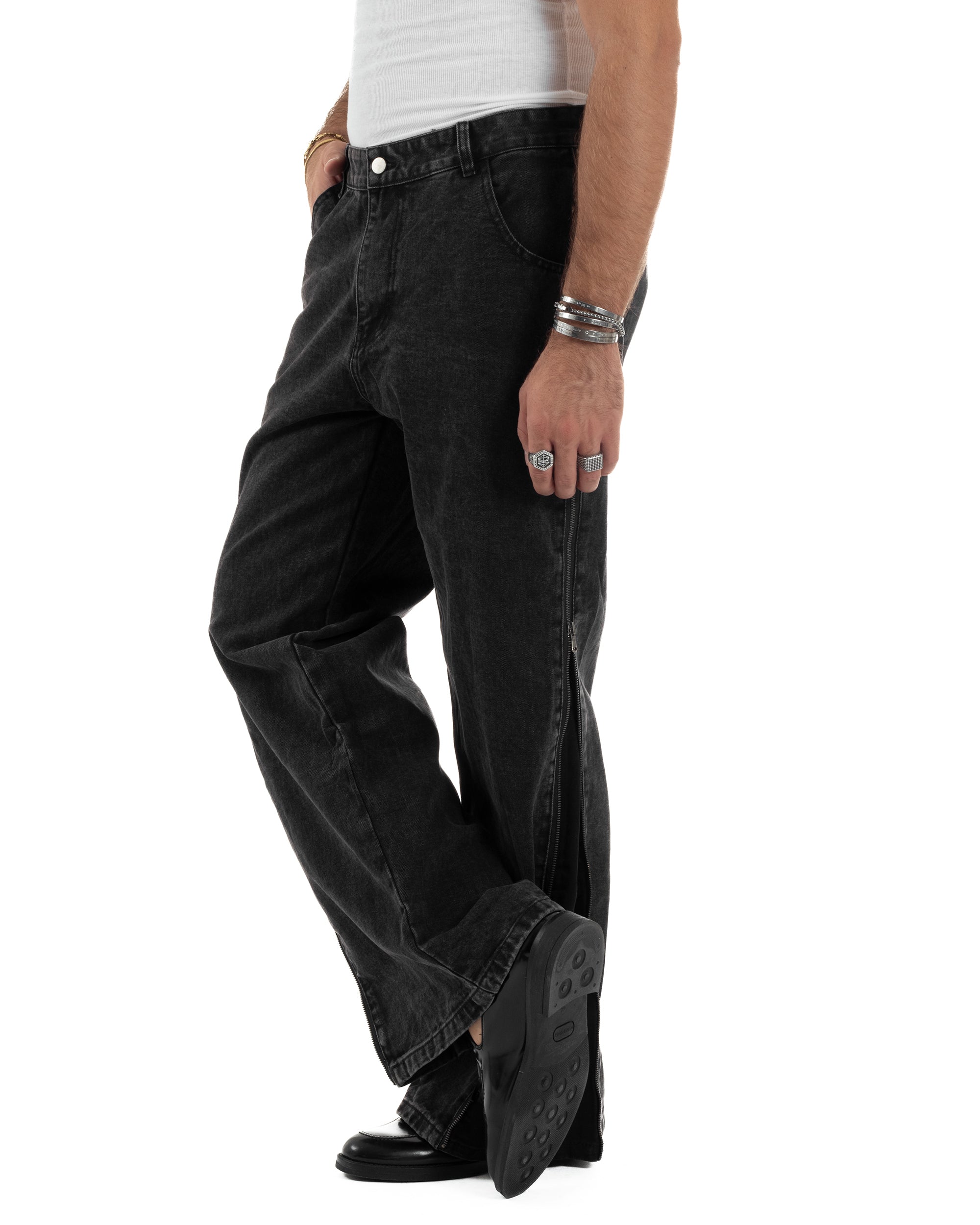 Jeans Uomo Wide Leg Zip Laterali Pantaloni Baggy Denim Nero JS1161A