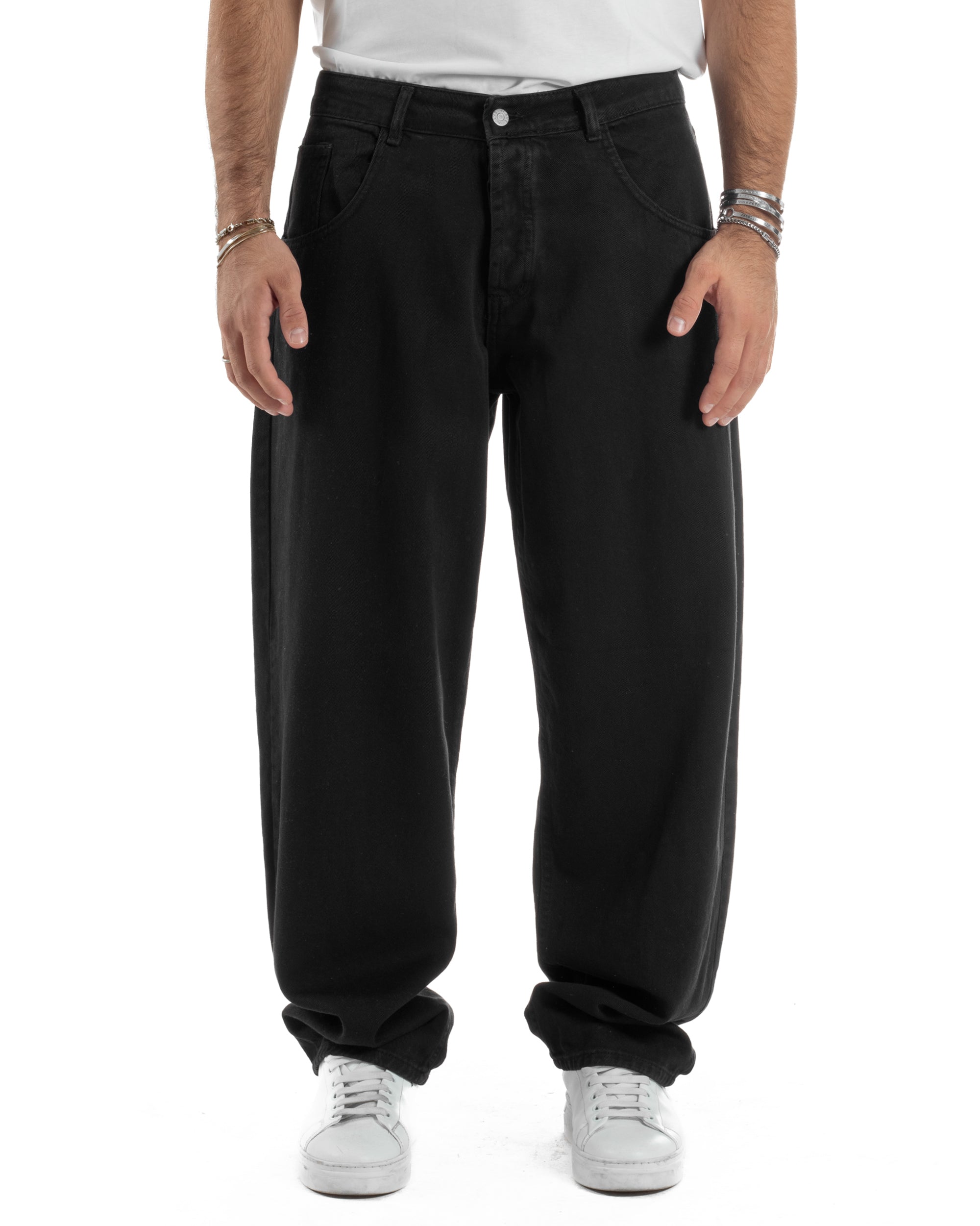 Jeans Uomo Cinque Tasche Basic Baggy Pantaloni Cotone Nero JS1163A