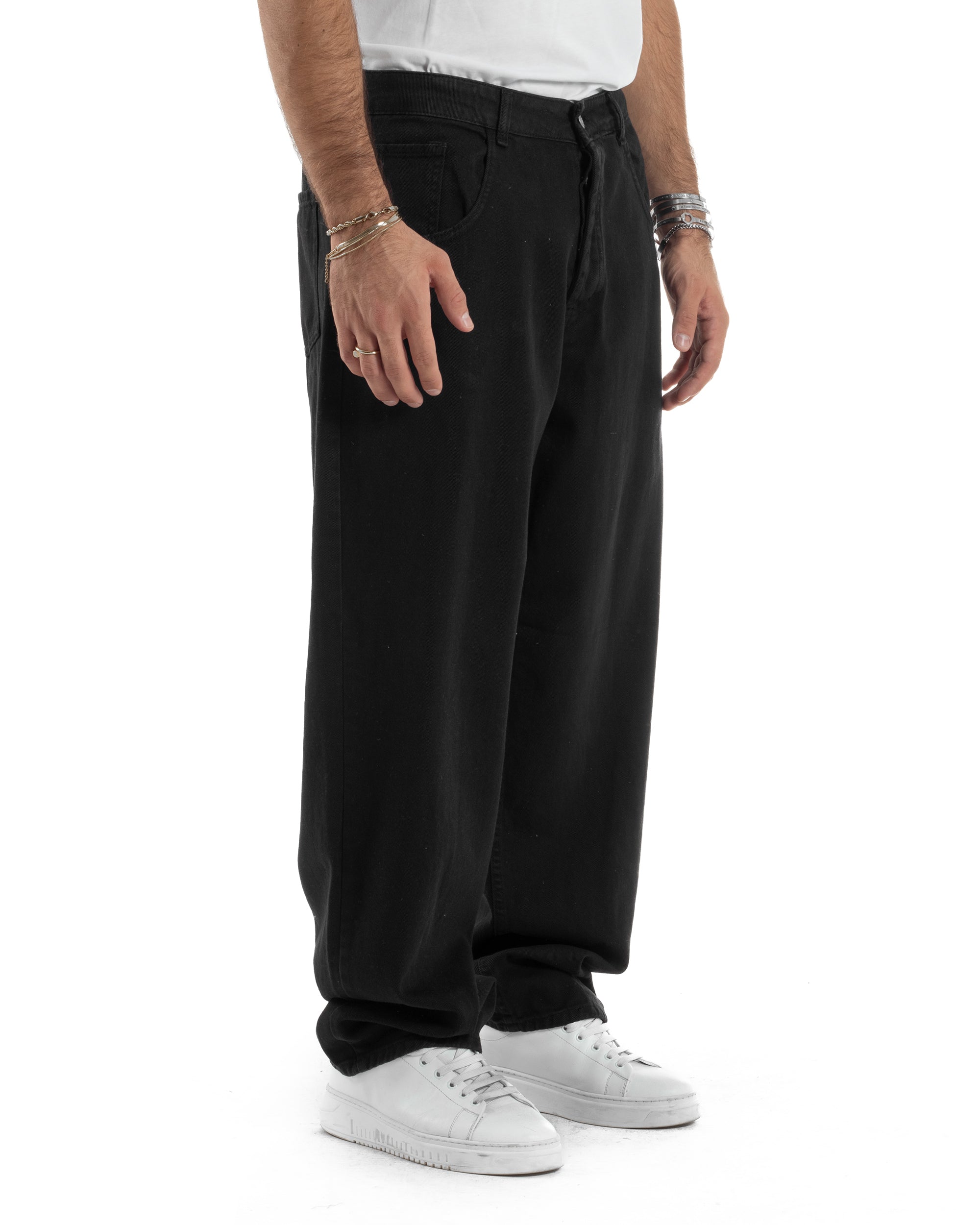 Jeans Uomo Cinque Tasche Basic Baggy Pantaloni Cotone Nero JS1163A