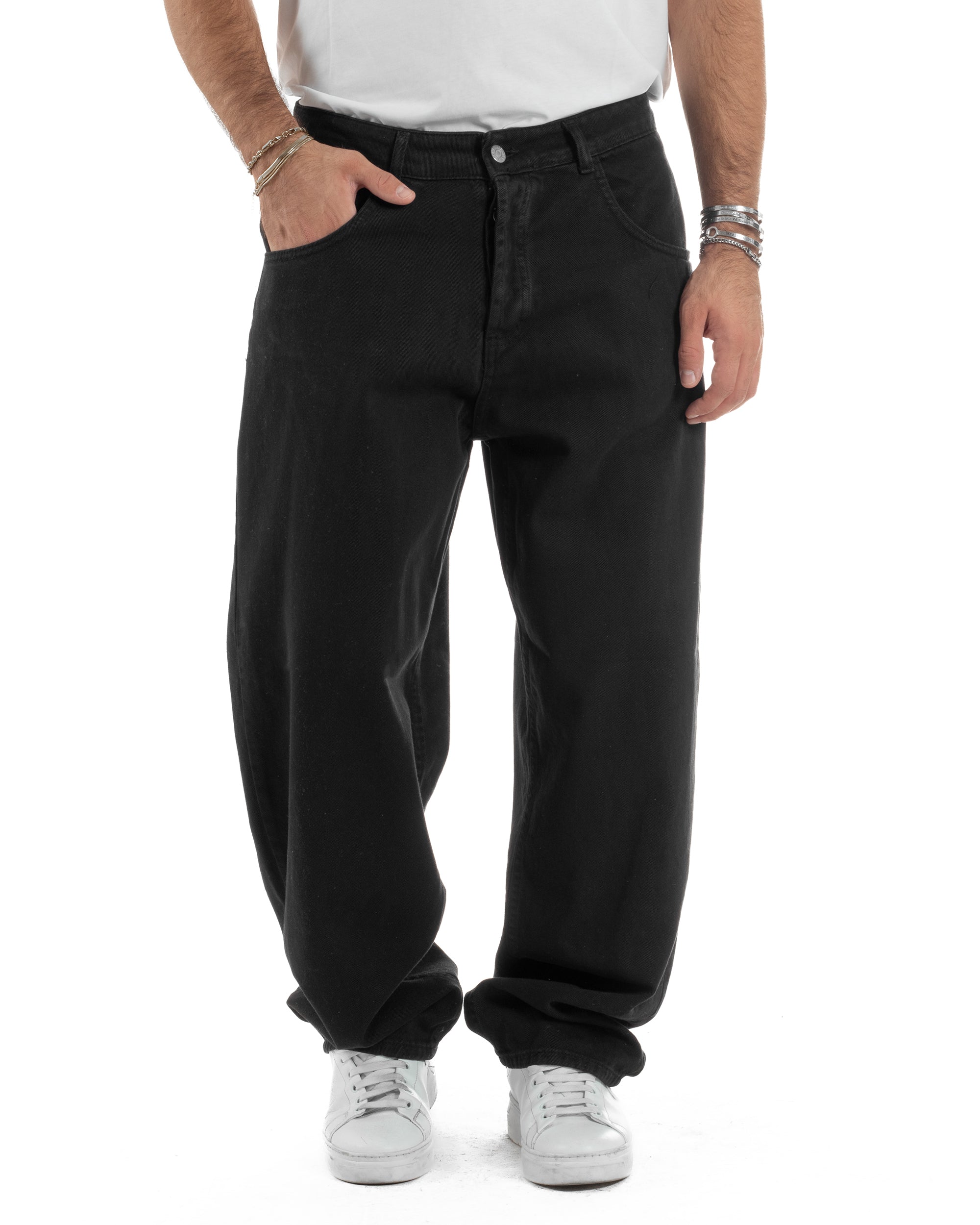 Jeans Uomo Cinque Tasche Basic Baggy Pantaloni Cotone Nero JS1163A