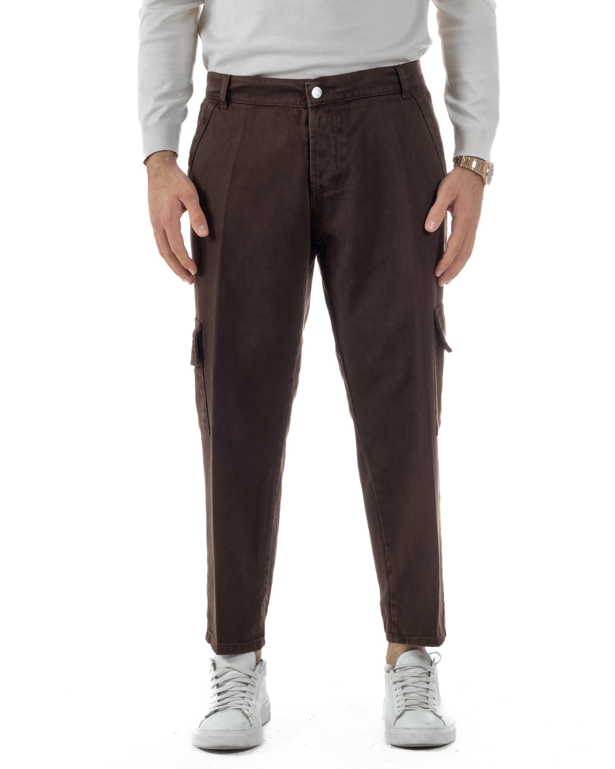 Pantaloni Uomo Cargo Loose Fit Jeans Tasconi Tasche America Marrone BlackSunday JS1168A