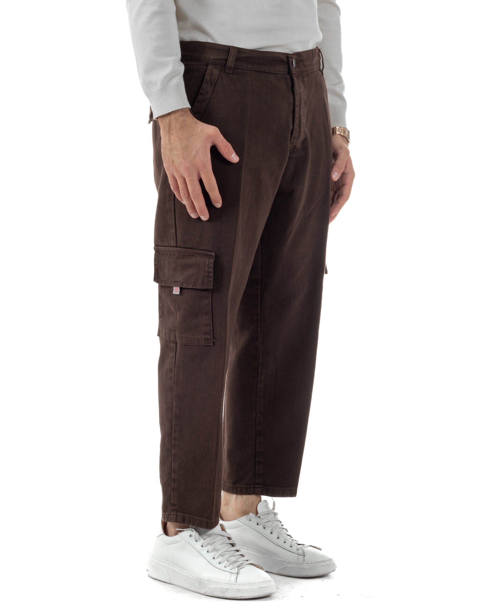 Pantaloni Uomo Cargo Loose Fit Jeans Tasconi Tasche America Marrone BlackSunday JS1168A