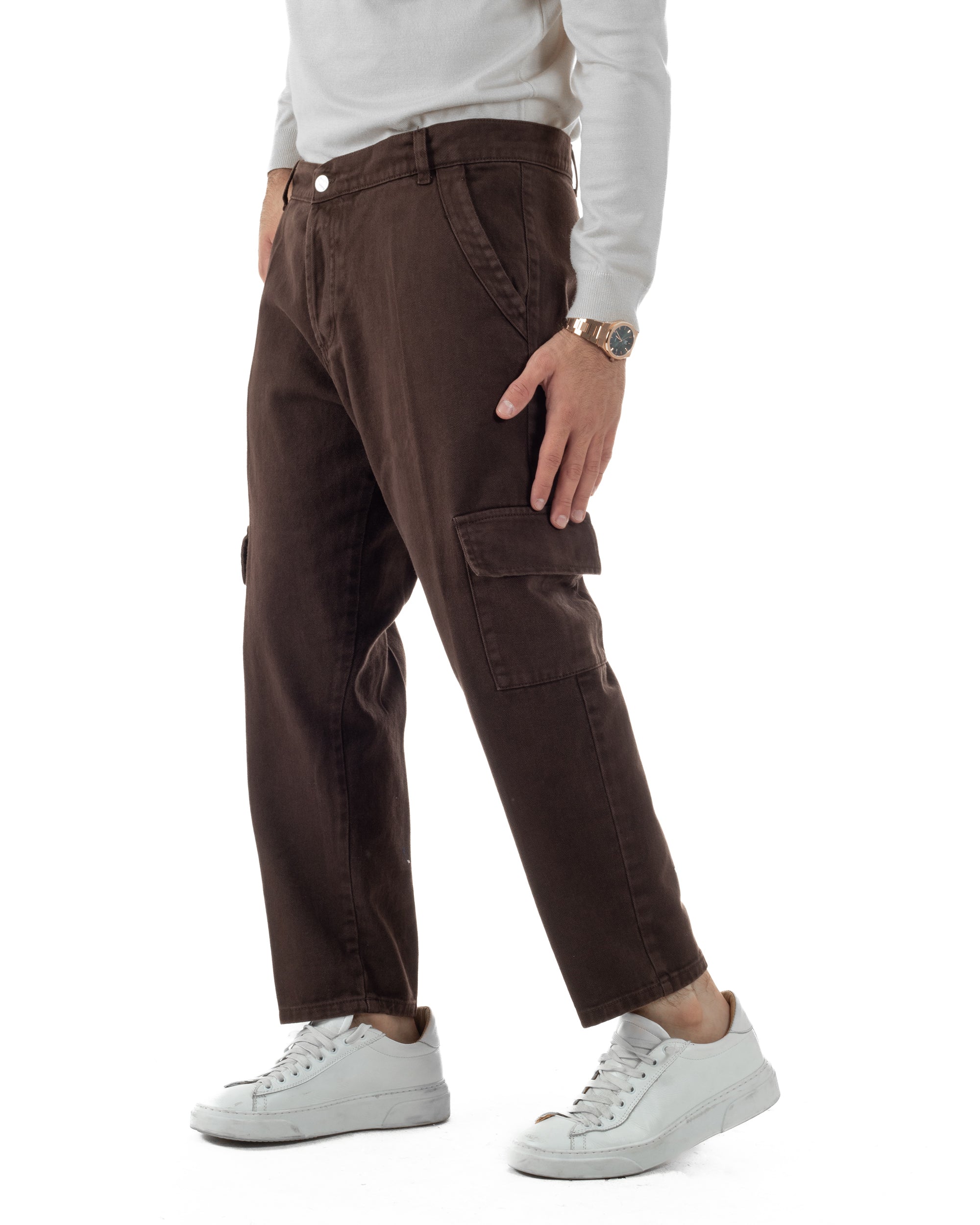 Pantaloni Uomo Cargo Loose Fit Jeans Tasconi Tasche America Marrone BlackSunday JS1168A