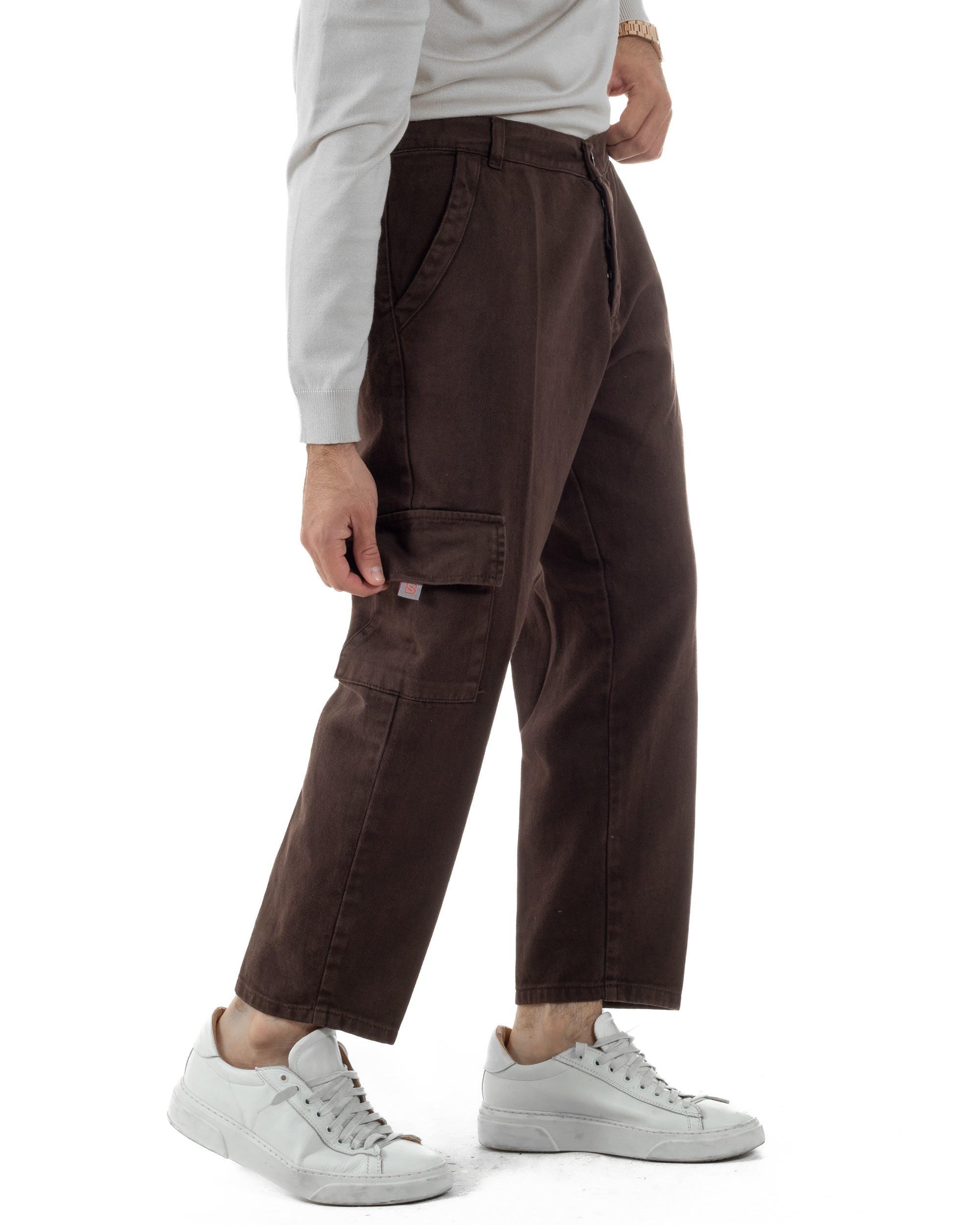 Pantaloni Uomo Cargo Loose Fit Jeans Tasconi Tasche America Marrone BlackSunday JS1168A