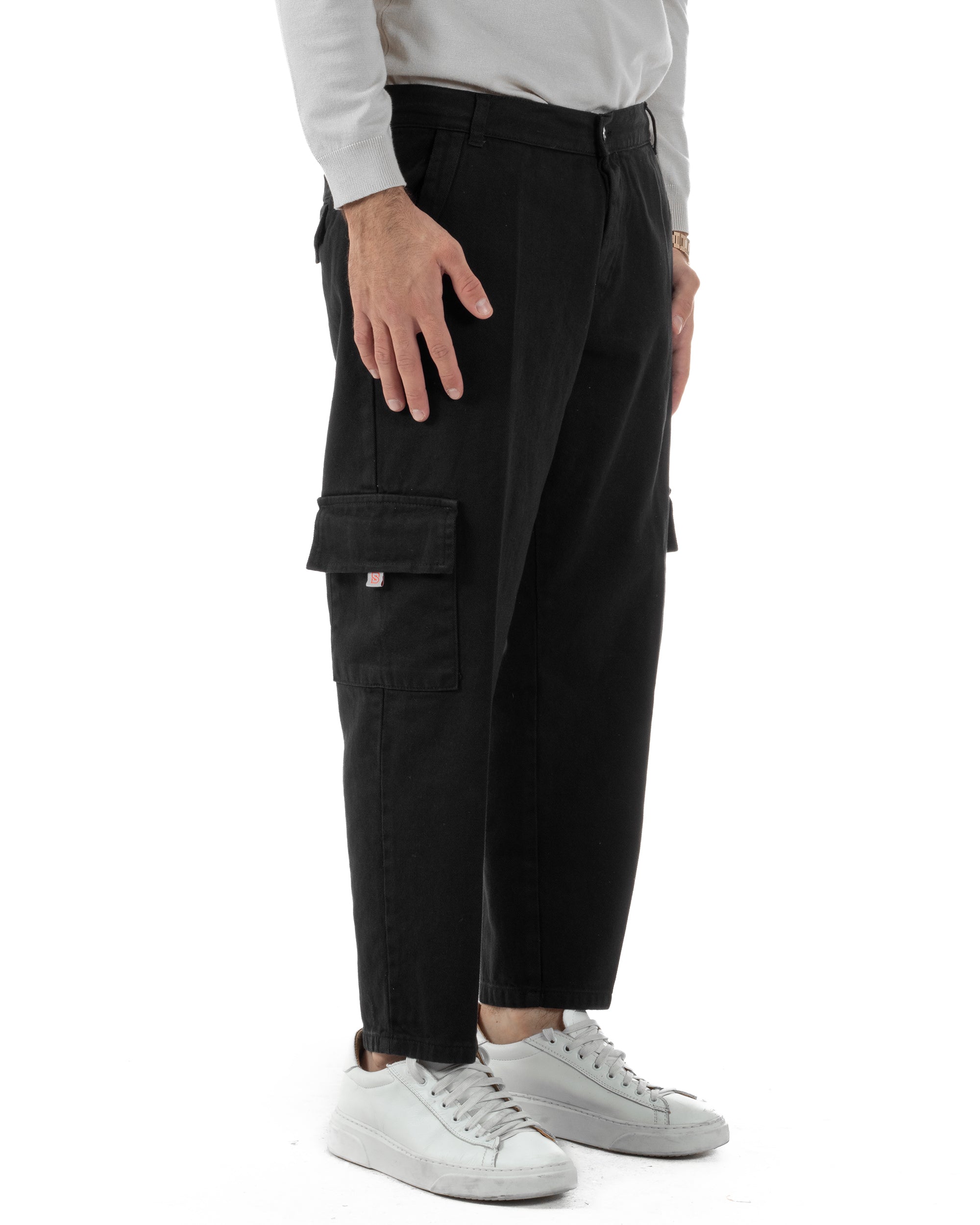 Pantaloni Uomo Cargo Loose Fit Jeans Tasconi Tasche America Nero BlackSunday JS1169A