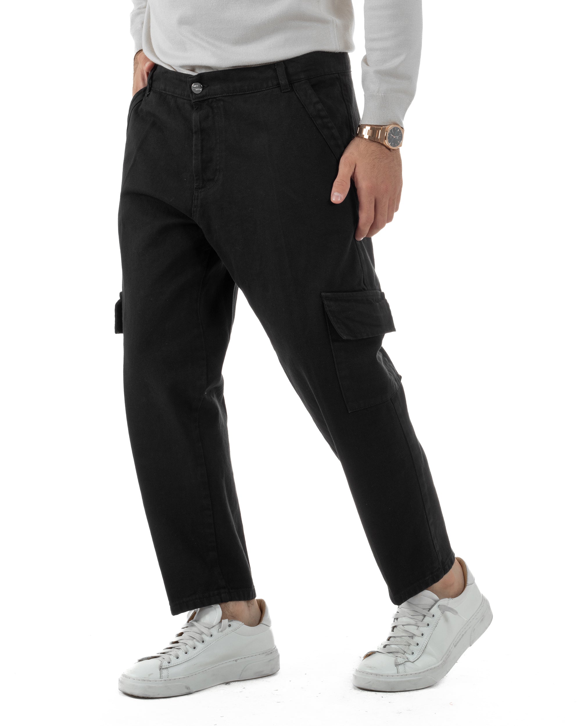 Pantaloni Uomo Cargo Loose Fit Jeans Tasconi Tasche America Nero BlackSunday JS1169A