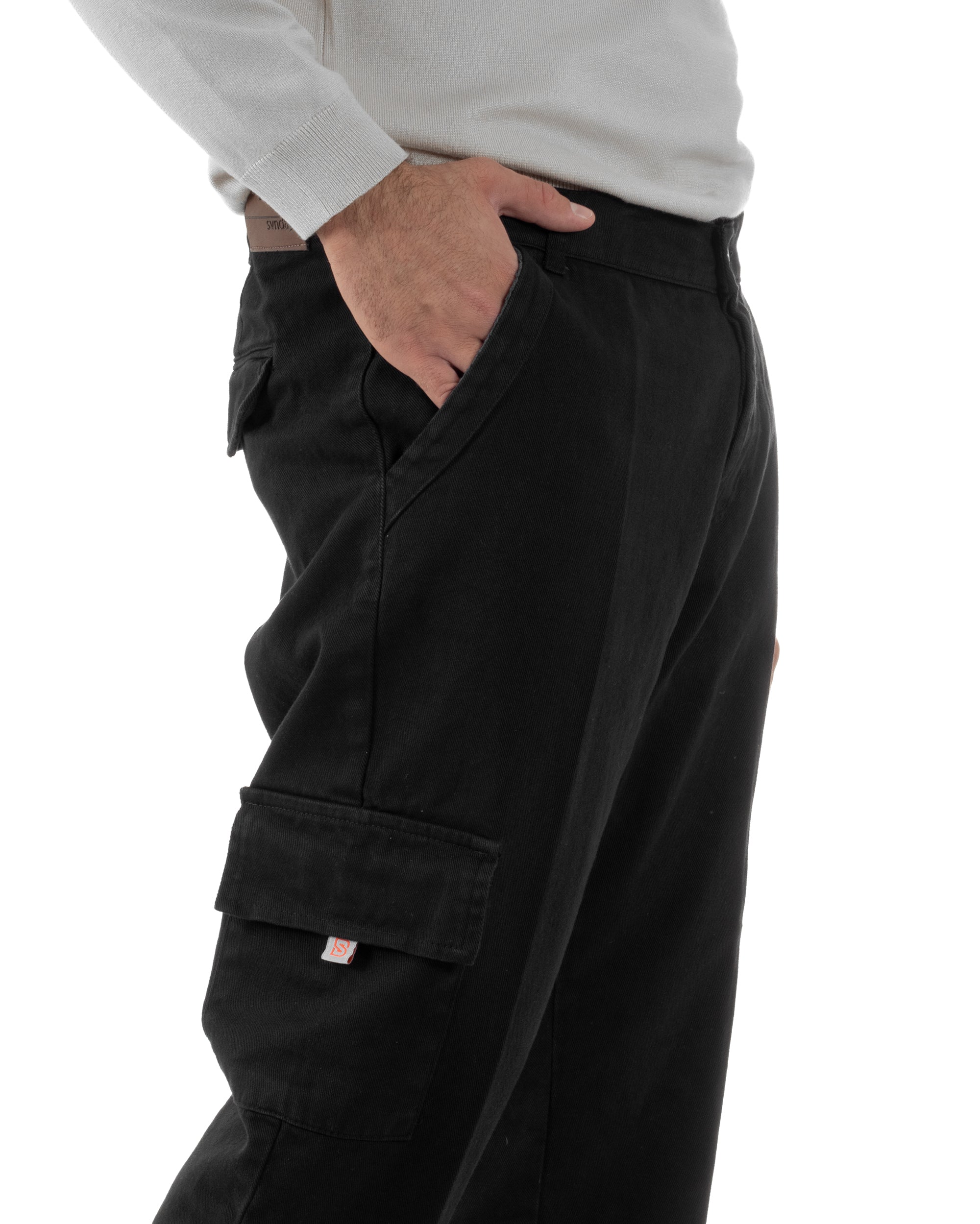 Pantaloni Uomo Cargo Loose Fit Jeans Tasconi Tasche America Nero BlackSunday JS1169A