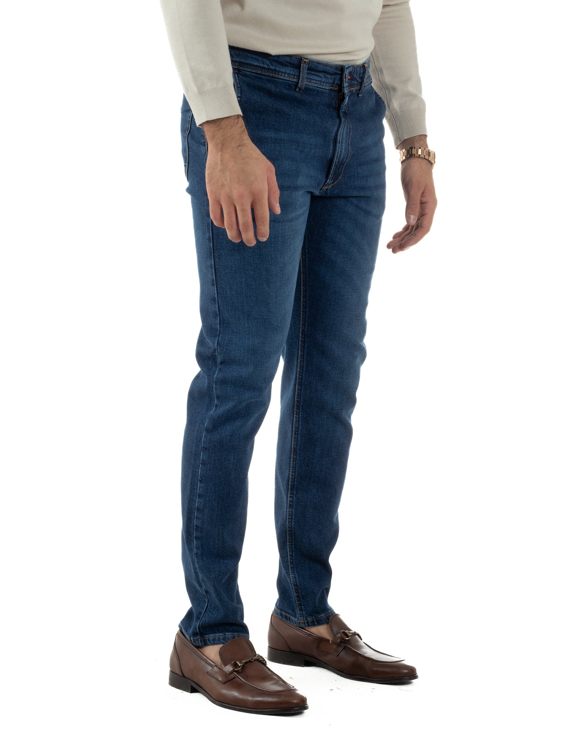 Jeans Uomo Pantaloni Tasche America Slim Fit Basic Denim Scuro Blu JS1170A