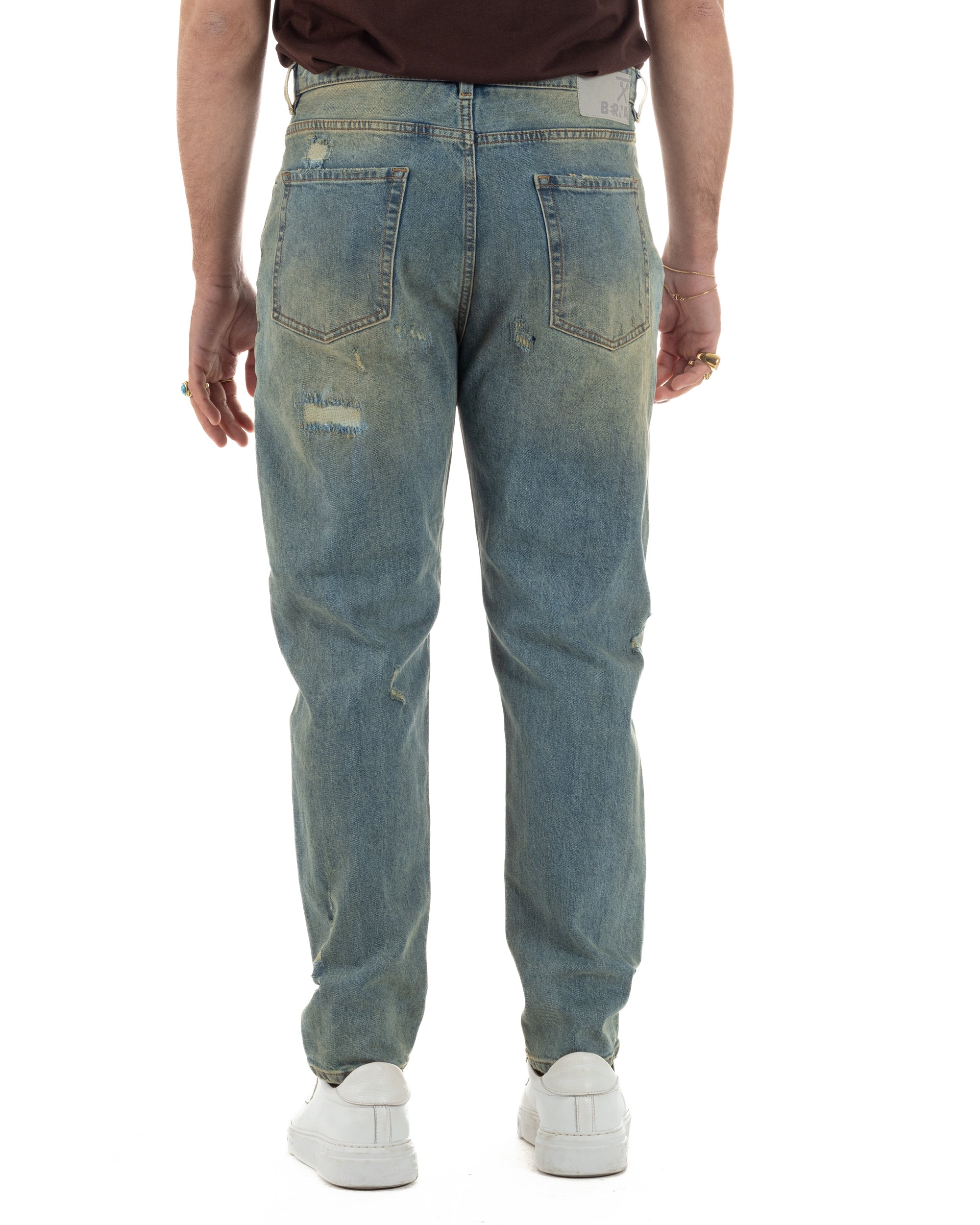 Vista completa jeans uomo cropped fit destroyed denim sabbiato 97% cotone made in Italy