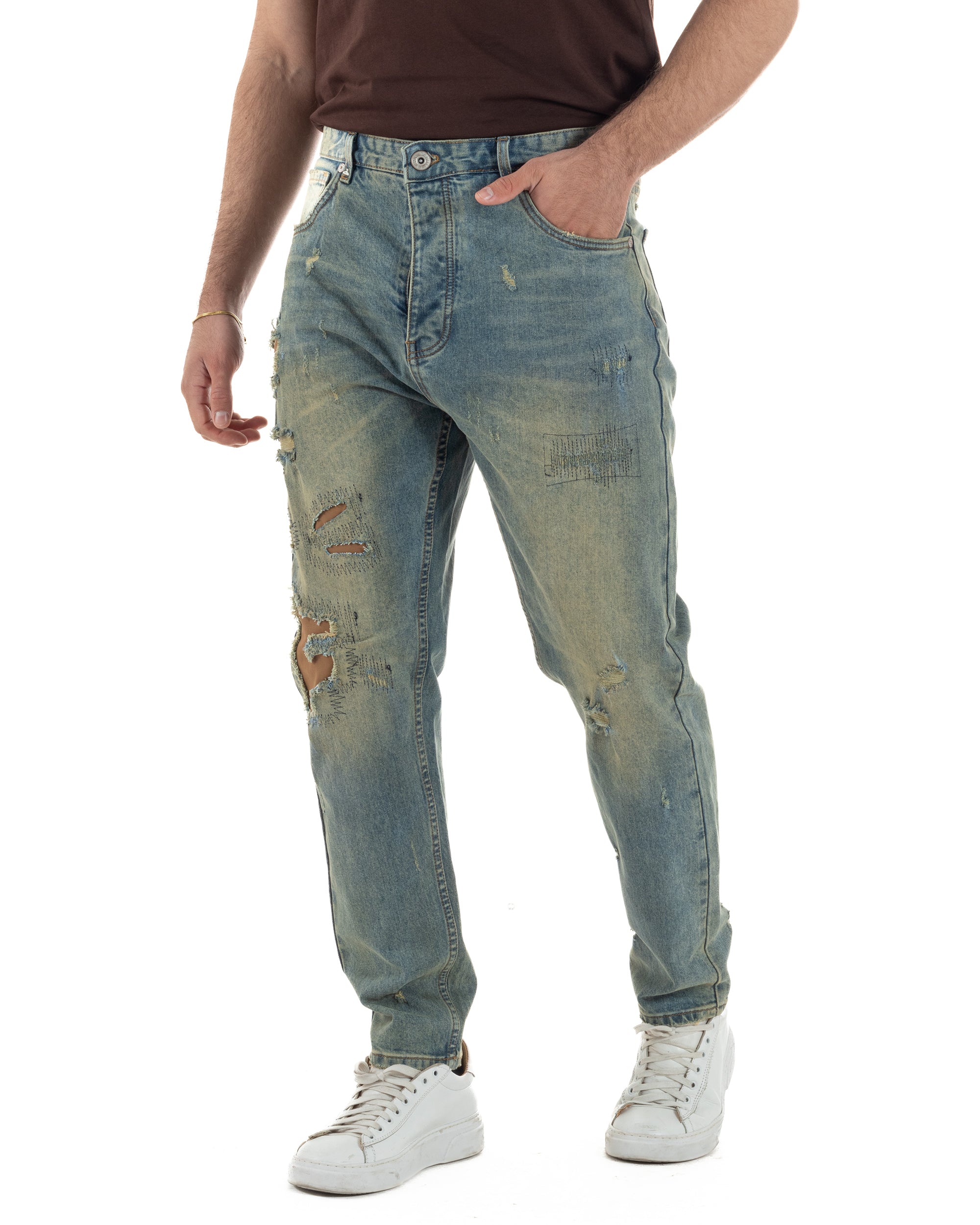 Jeans cropped fit uomo denim sabbiato strappi heavy distressed tasche america
