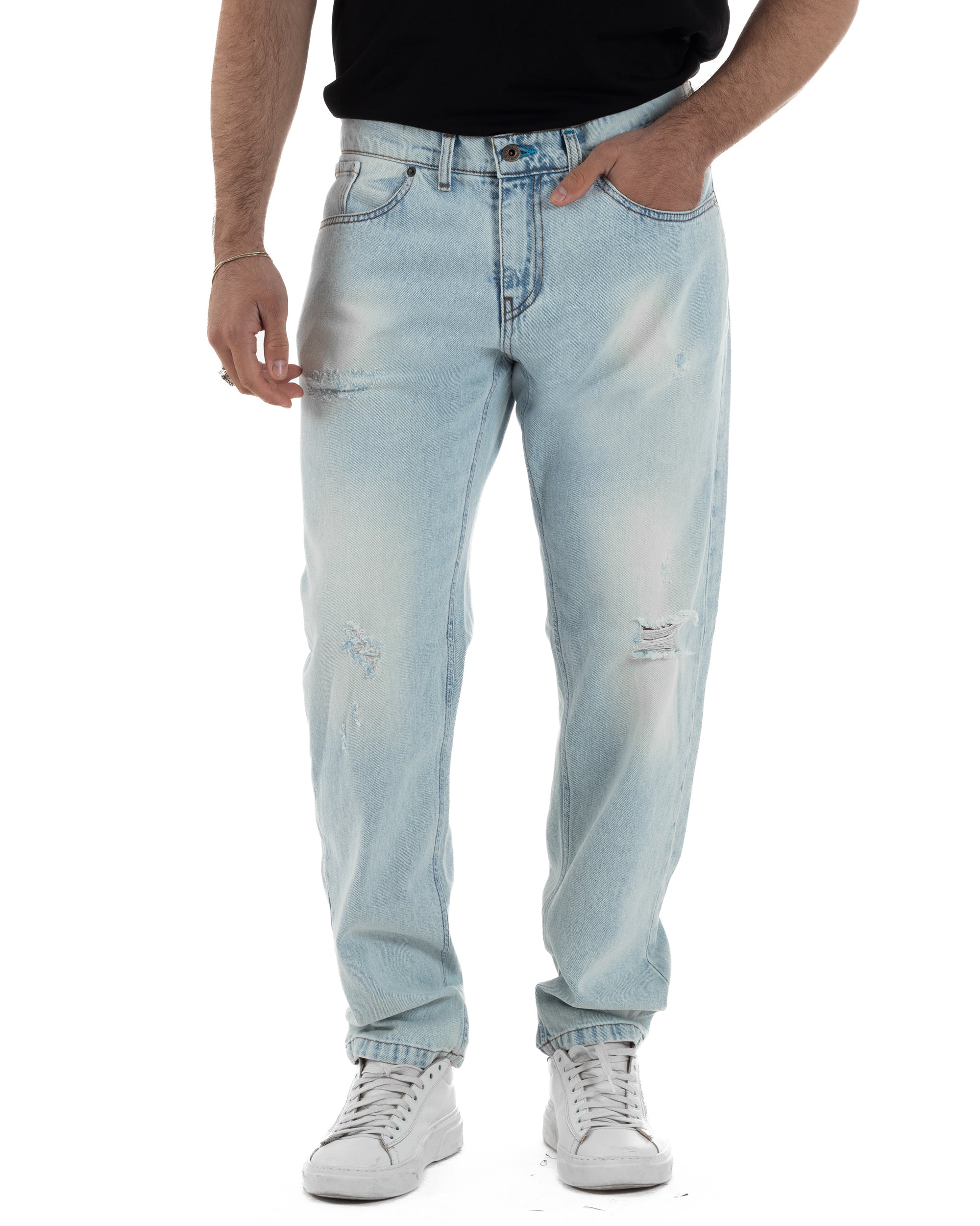 Jeans uomo regular fit denim chiaro 5 tasche rotture distressed Berna