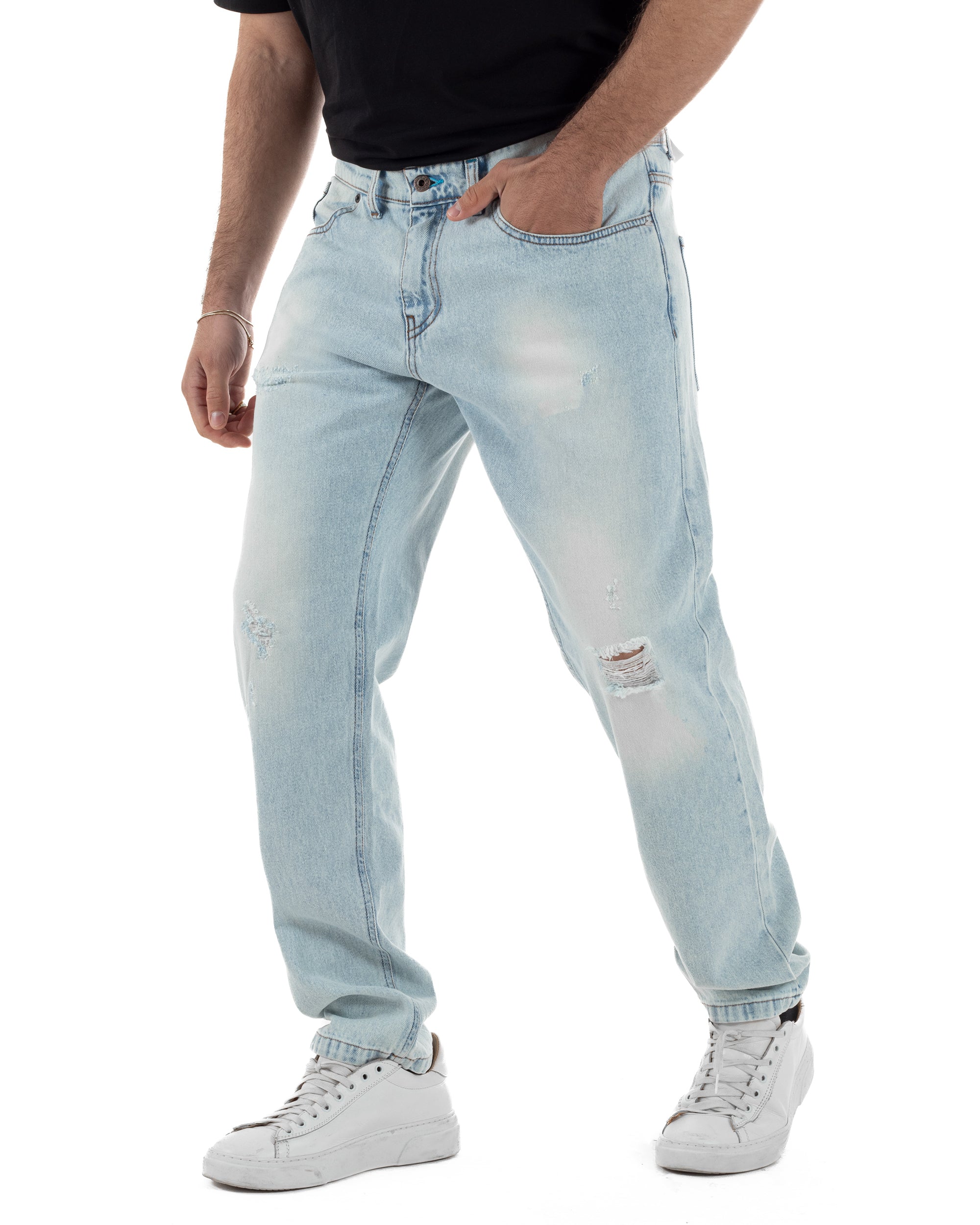 Jeans regular uomo denim used effetto vissuto strappi casual streetwear Berna