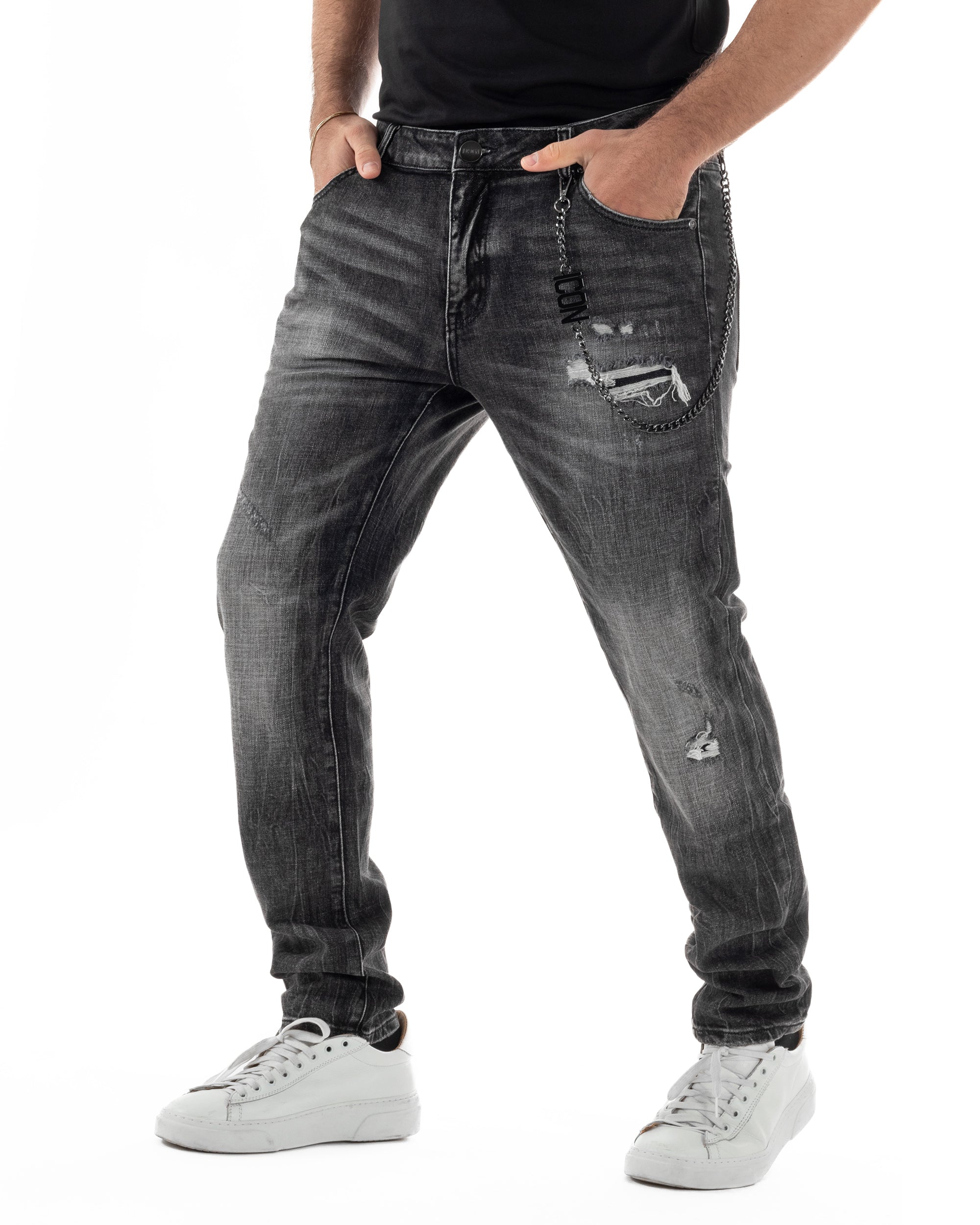 Jeans uomo cinque tasche slim fit sfumato rotture denim nero ICON IUD025