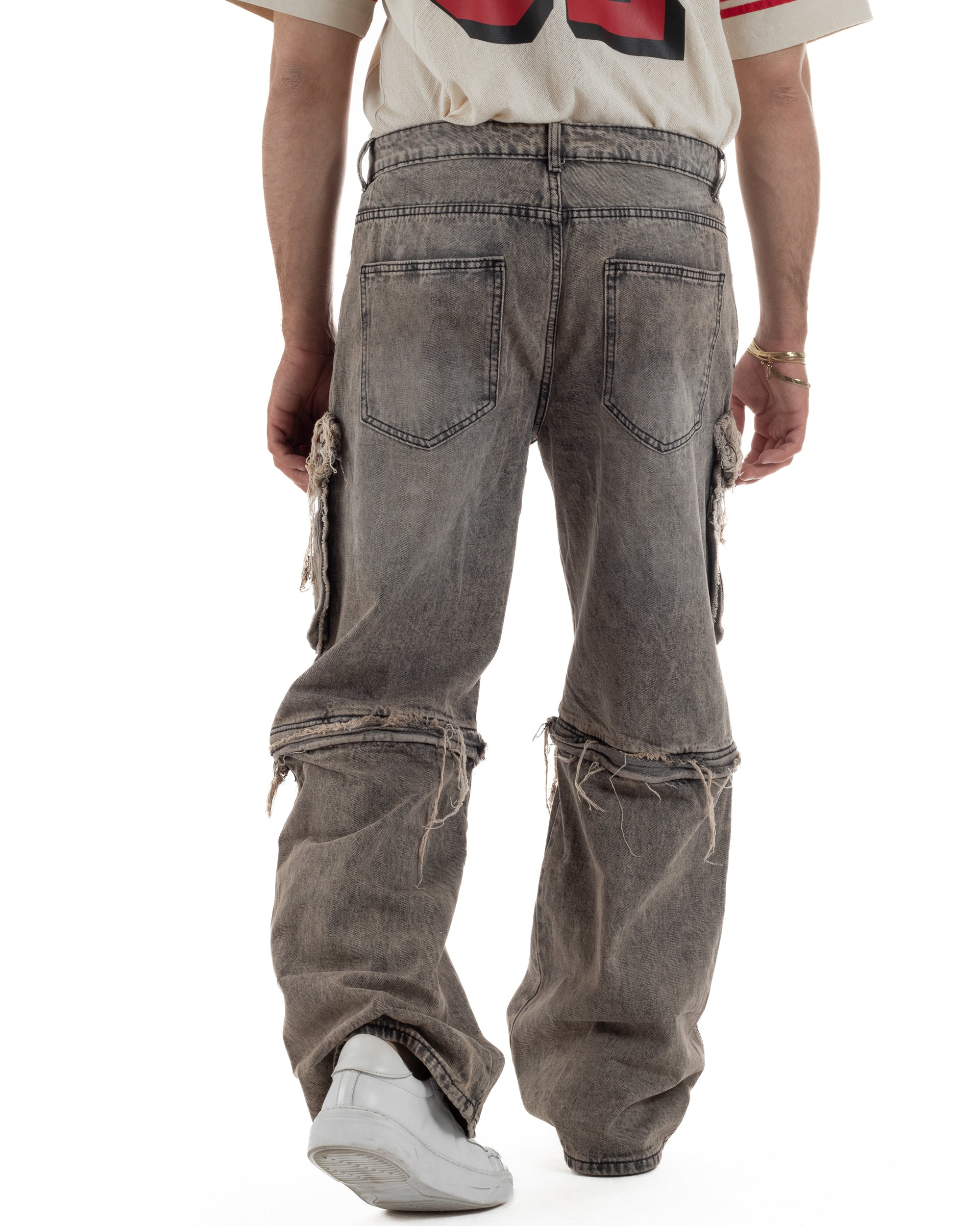 Jeans cargo uomo barrel fit stone-washed baggy tasconi zip nero sabbiato GIOSAL-JS1188A