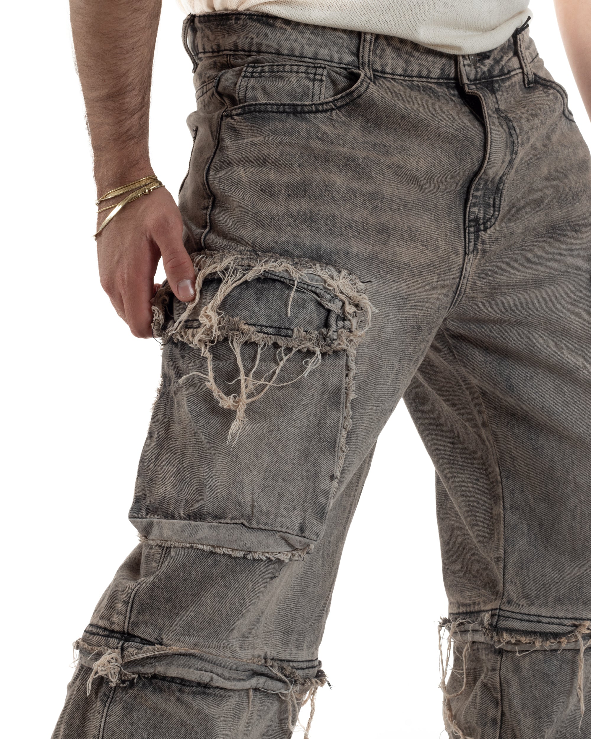 Jeans cargo uomo barrel fit stone-washed baggy tasconi zip nero sabbiato GIOSAL-JS1188A