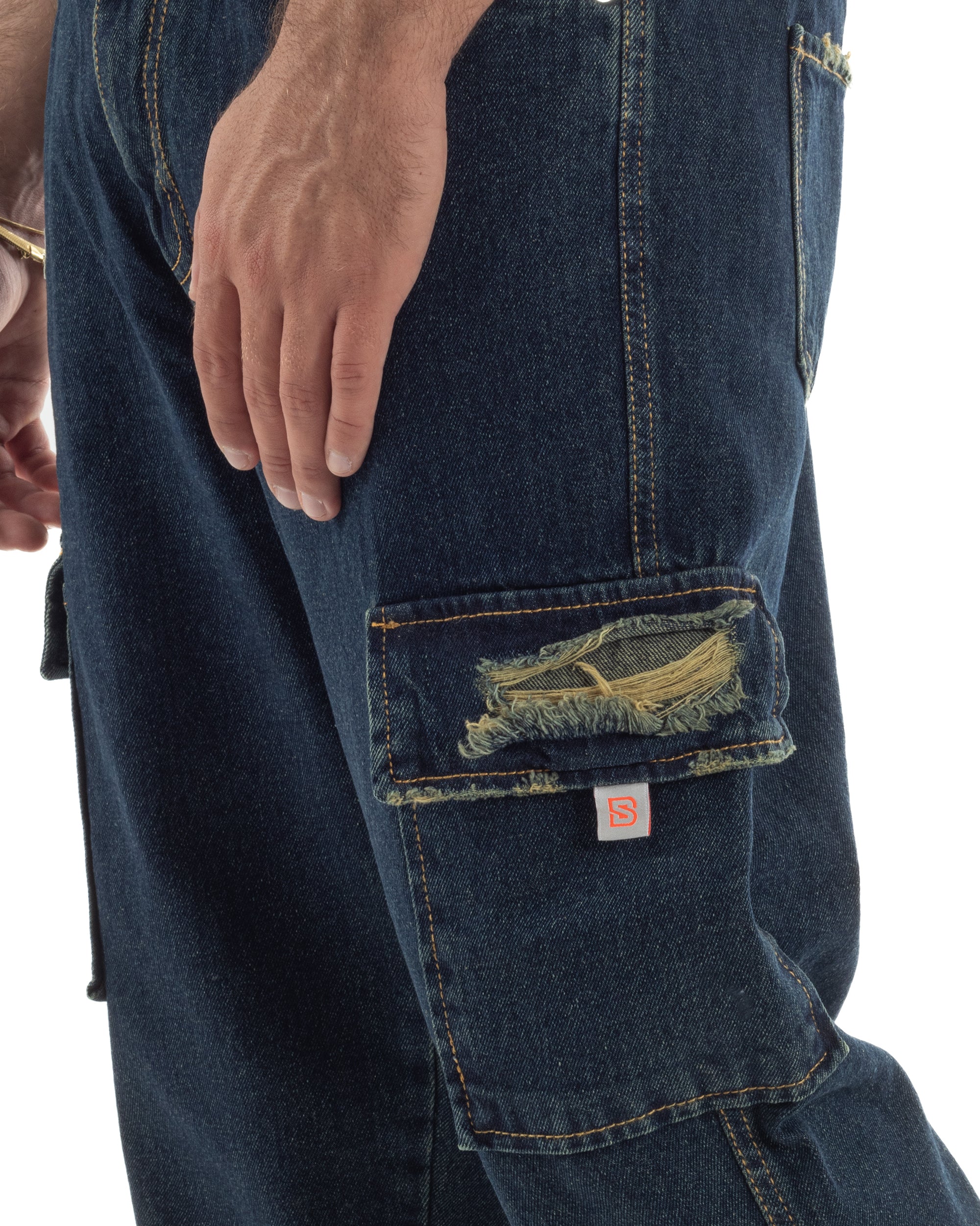Jeans uomo cargo loose fit pantaloni tasconi rotture denim scuro sabbiato BlackSunday JS1191A